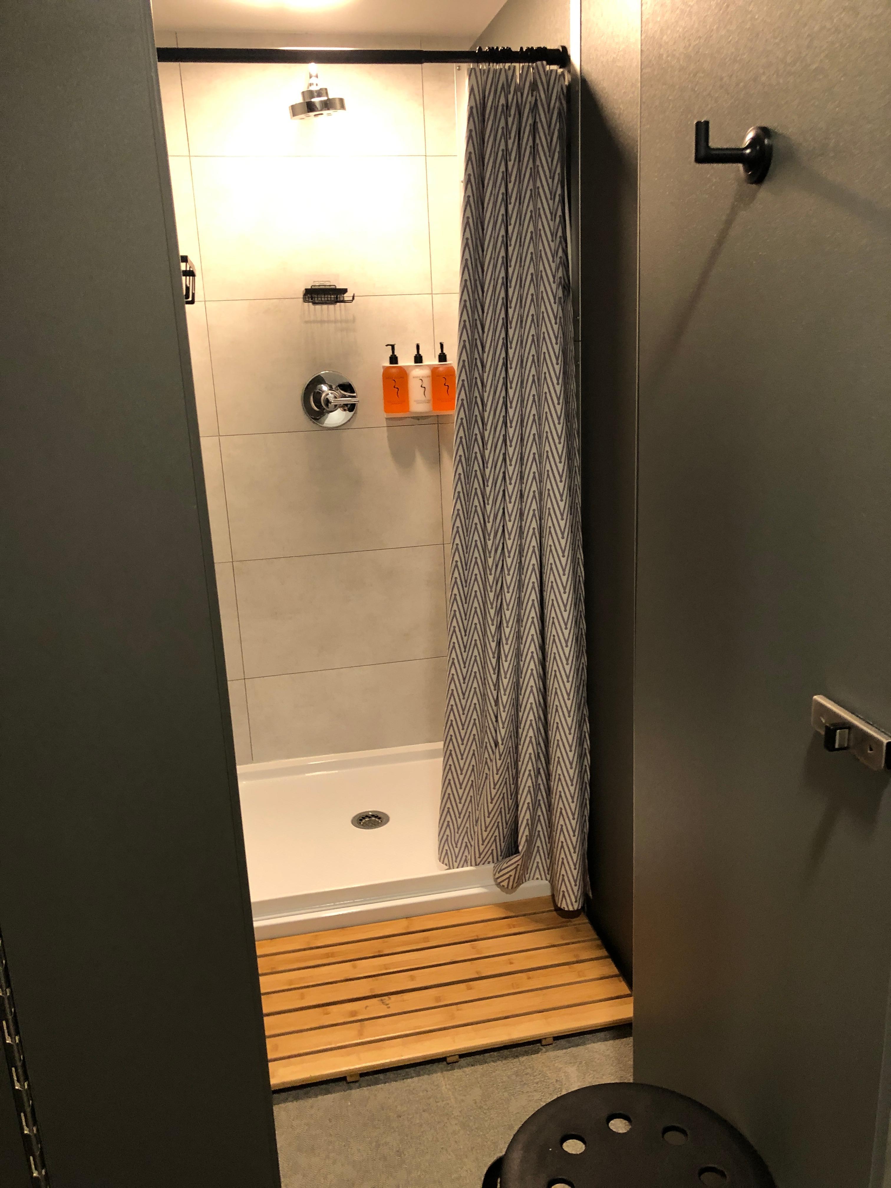 Female showers— lots of hooks/ shelf space and shampoo/ conditioner provided.