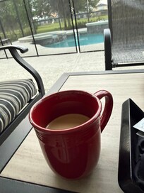 Coffee every morning outside. Hummingbirds love those trees