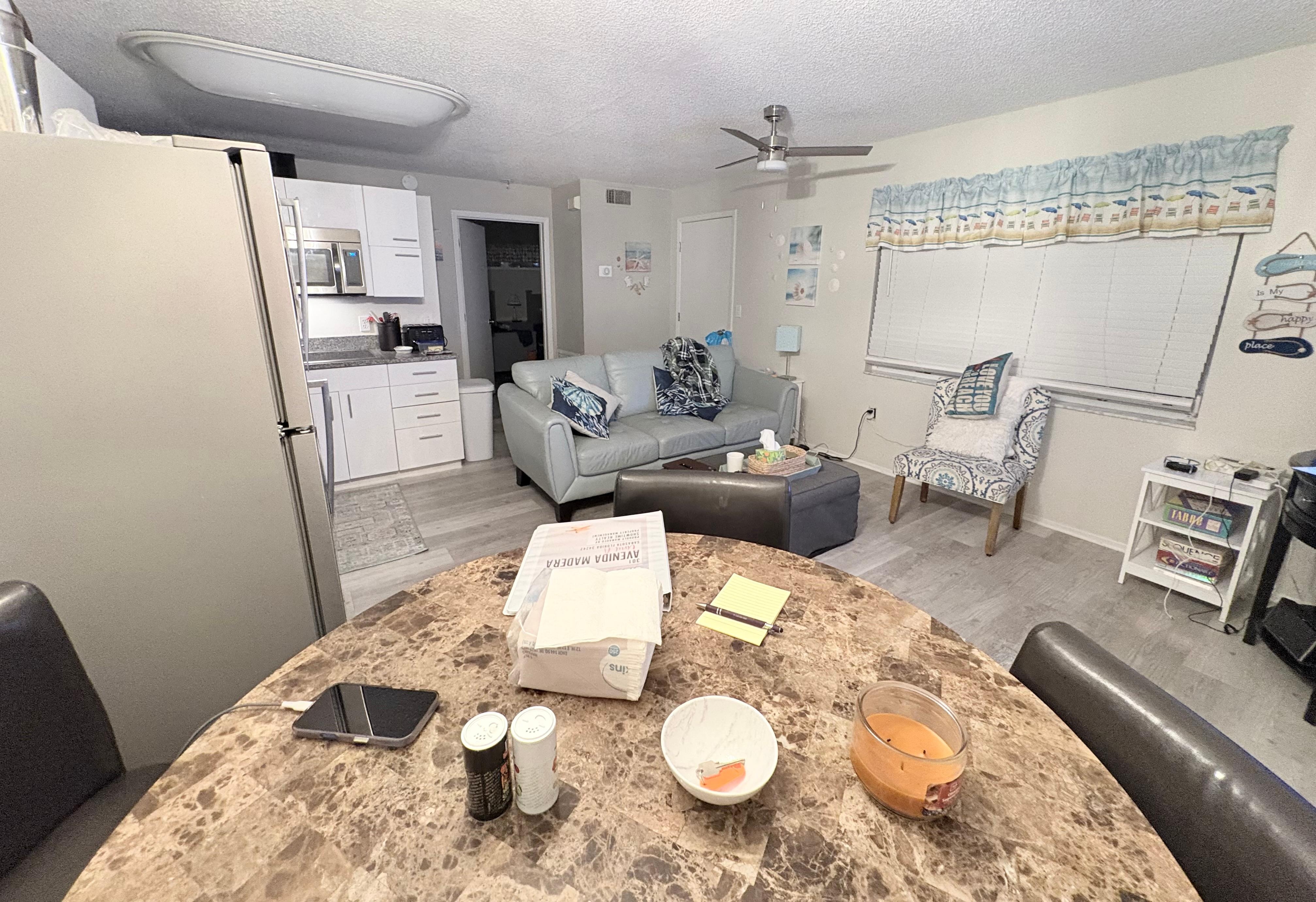 Kitchen, living and dining area