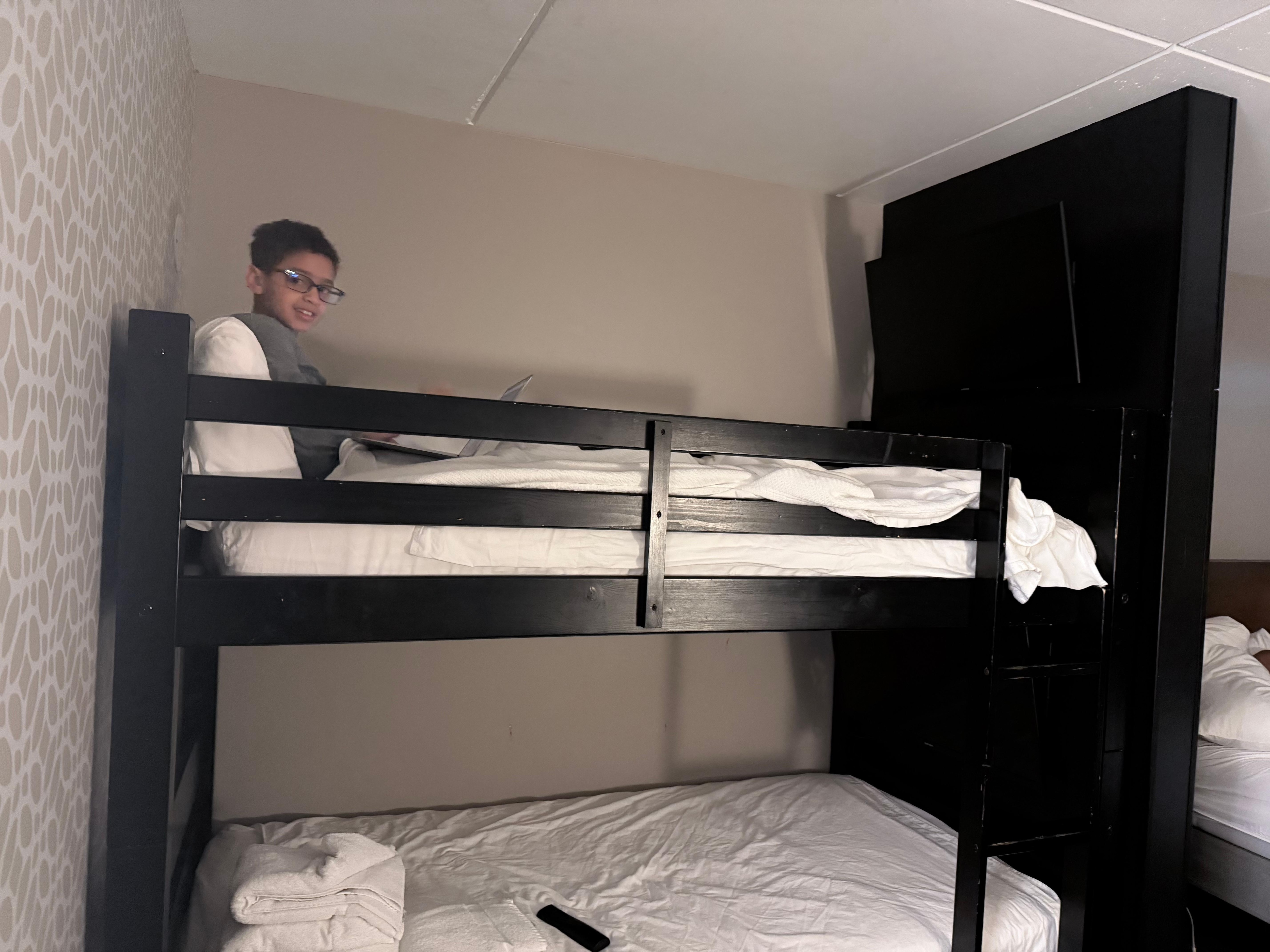 We got the bunk bed, sweet and each bunkbed had his own TV, which is pretty cool