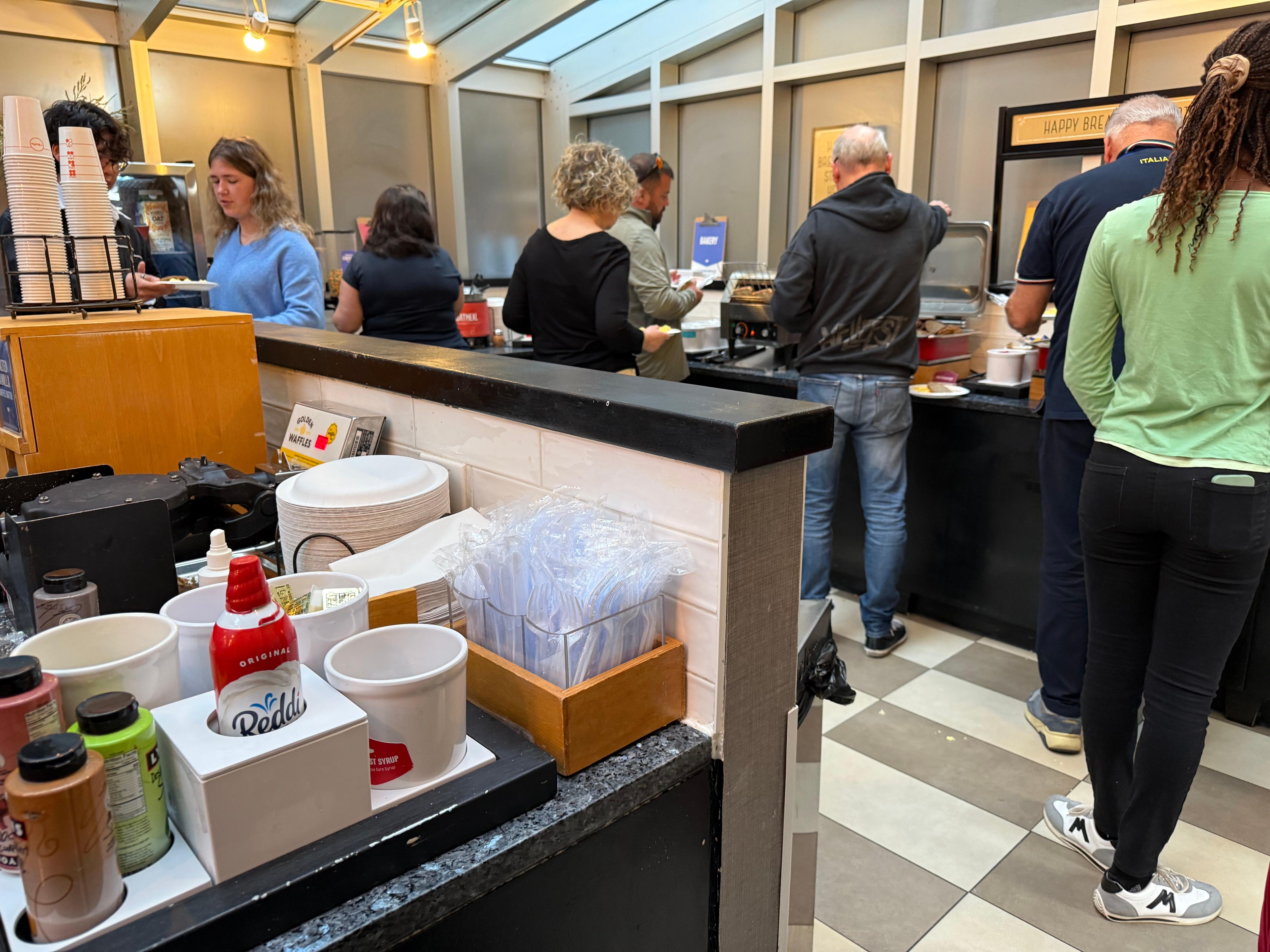 The hot breakfast was good, and the staff operating the waffle machines was very friendly.  The breakfast room gets crowded sometimes, and seating can become competitive during the "rush hour". 