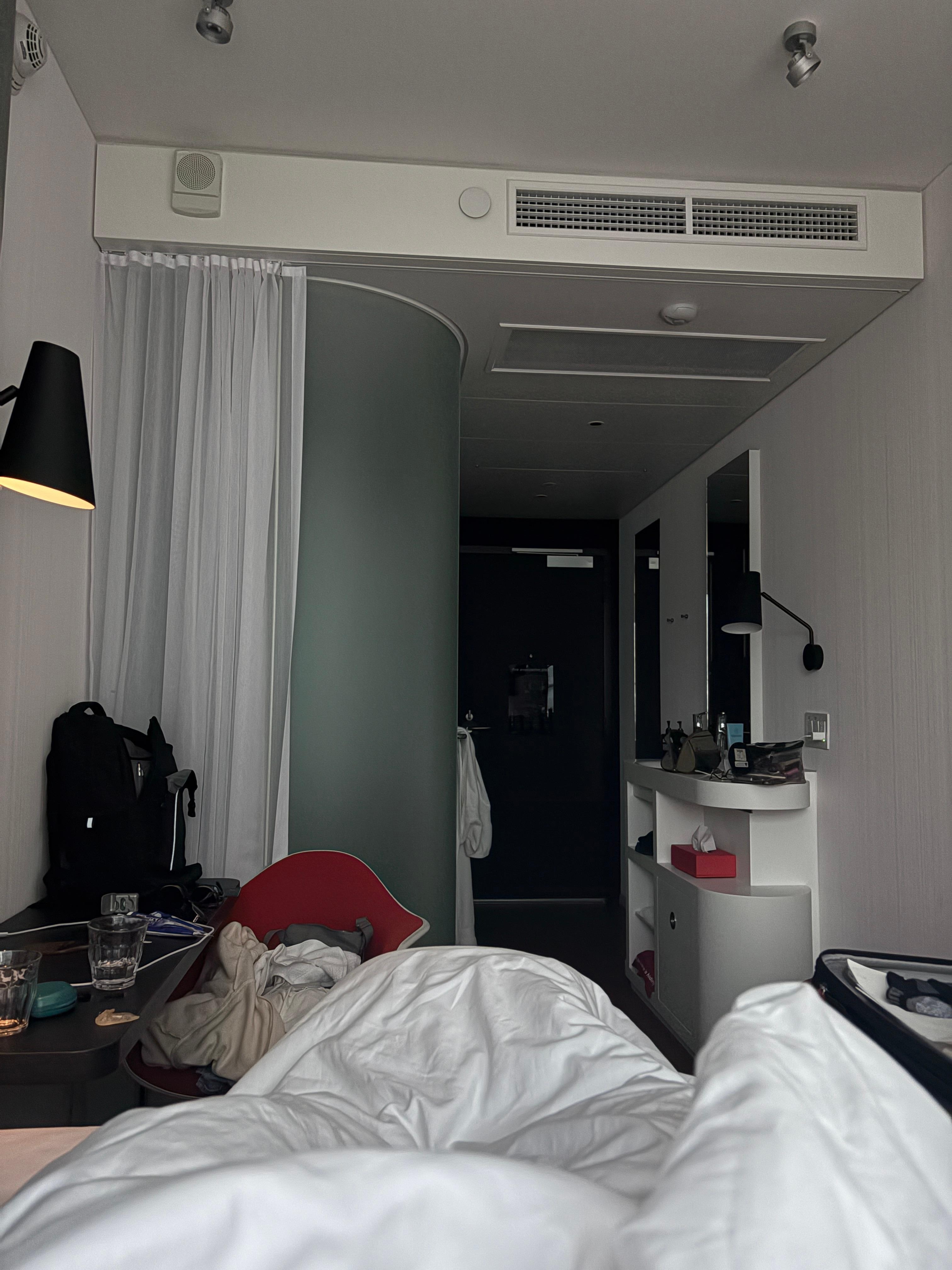 Small crowded king room, hard to move around