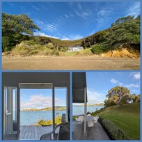 View of house from the beach, ocean from the house and ocean from outside dining table.