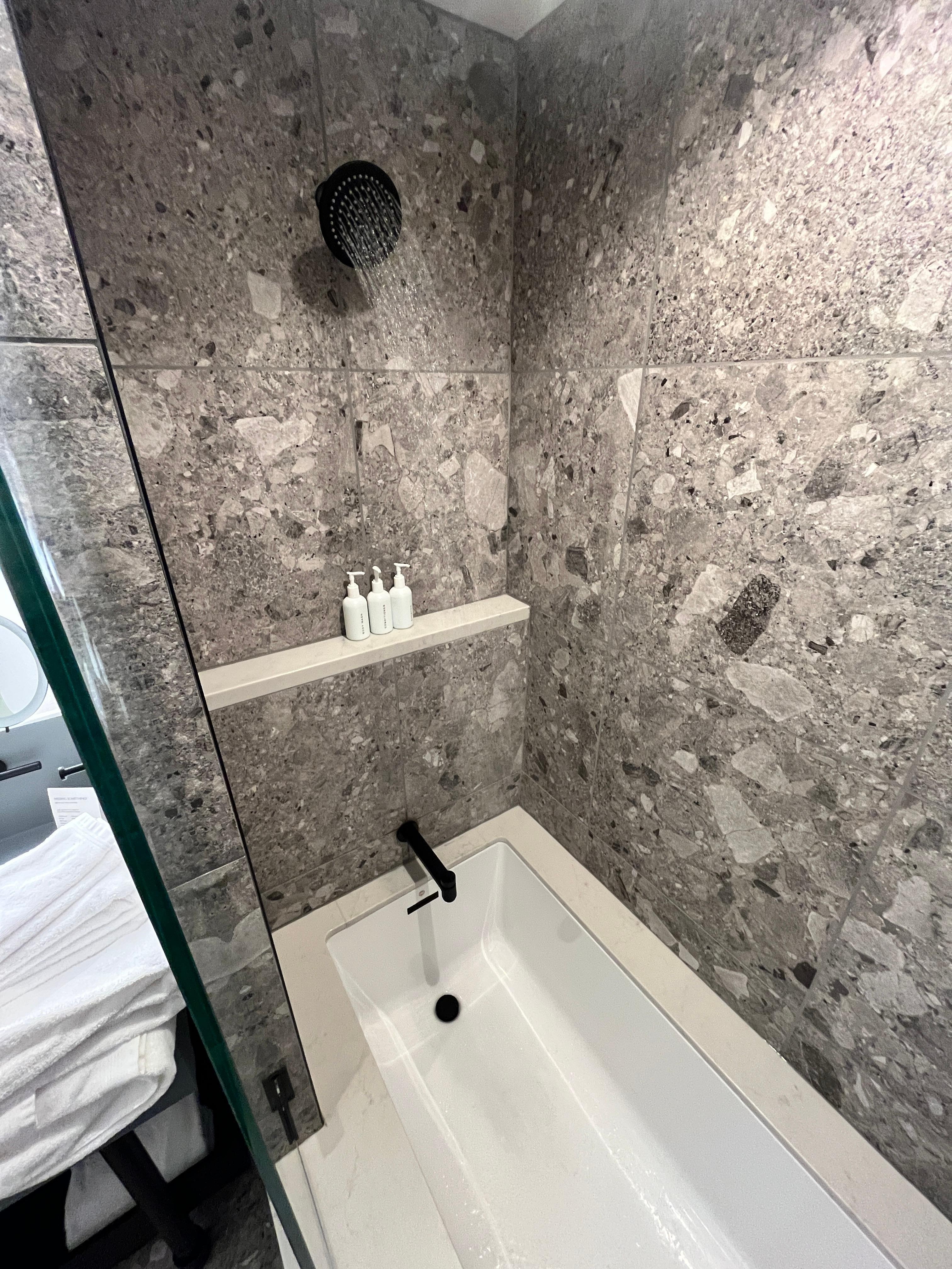 Absolutely no pressure in the shower. Can’t get under the water because the tub faucet sticks out. Also, a poorly designed shower which doesn’t keep water from flower all over the bathroom. We used all the towels to dry the floors. 