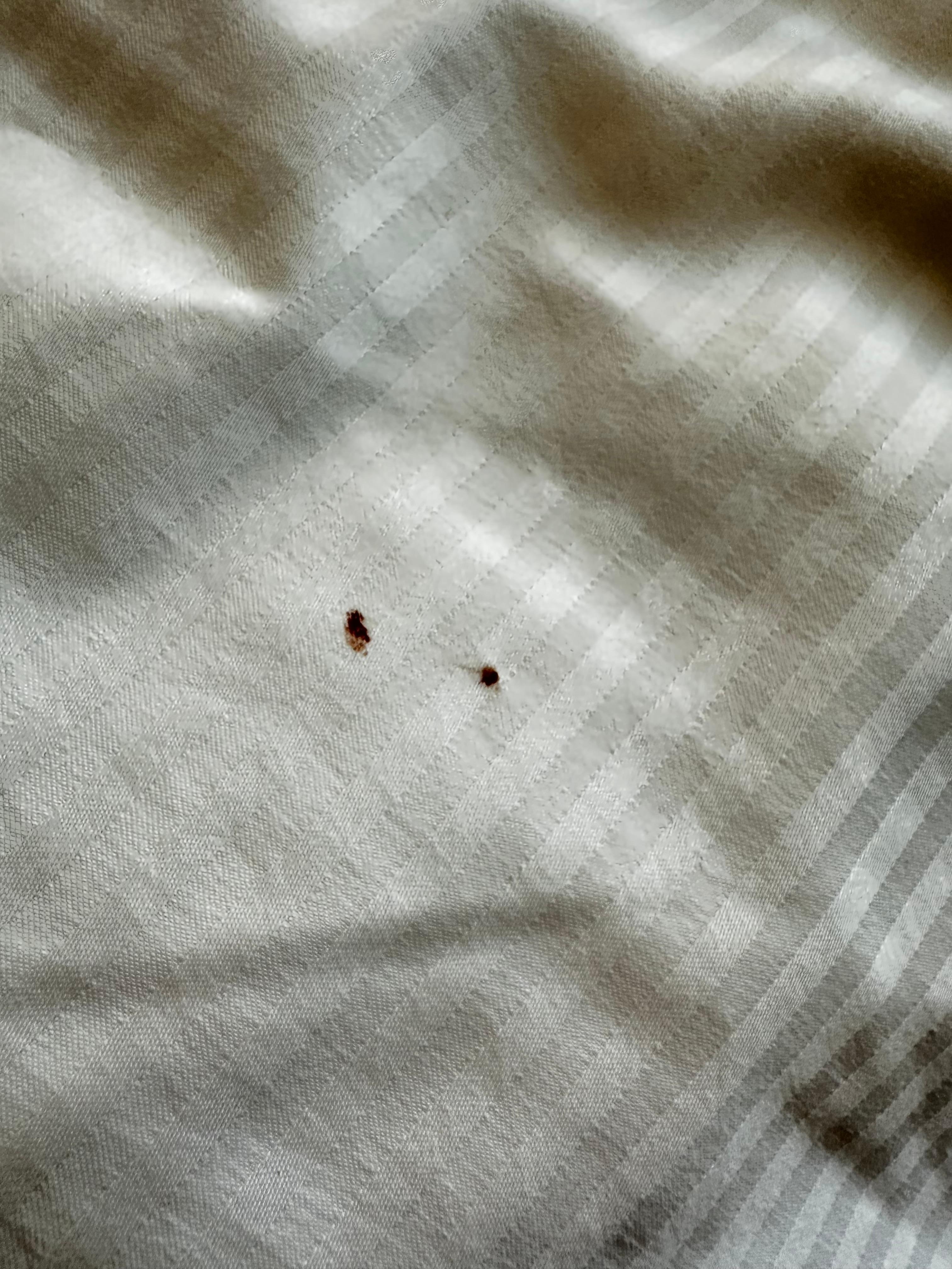 Blood and wine stains on the sheets upon arrival