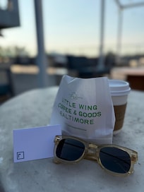 Rooftop pool deck and coffee from on onsite cafe.