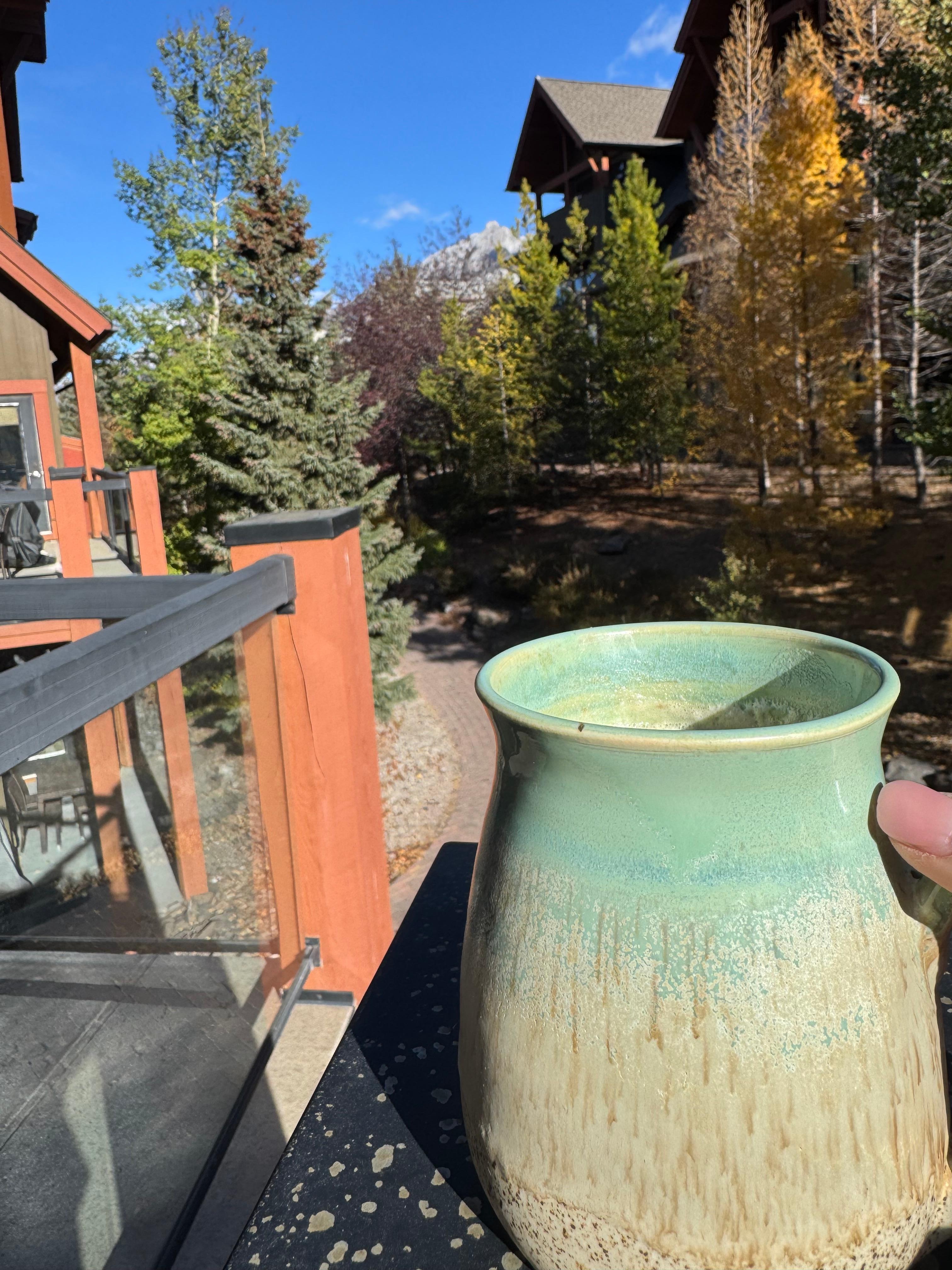 Coffee on the patio in October, in my new locally made mug. 