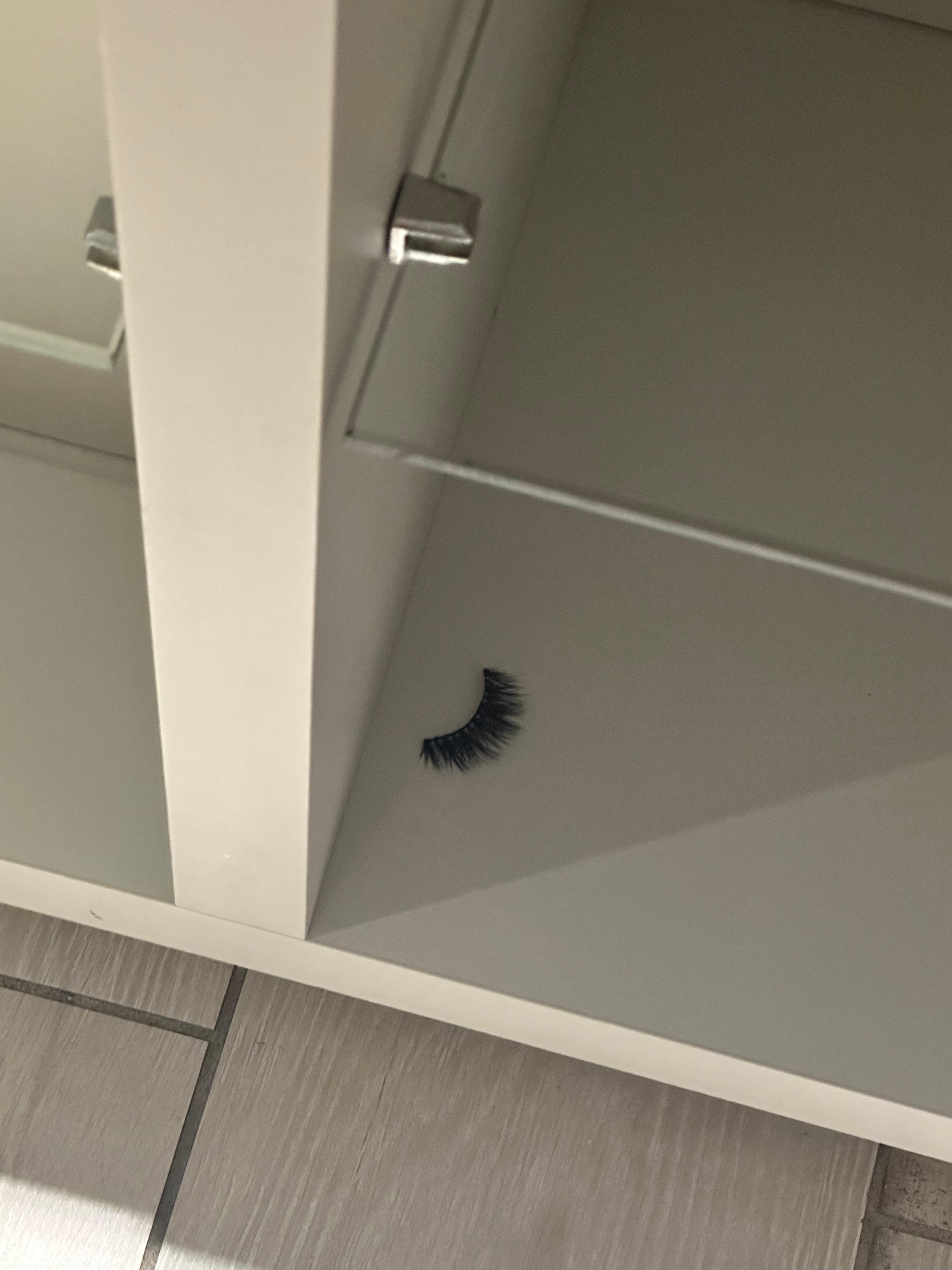 Fake eyelash found  on a shelf in my bathroom. I don’t wear them and don’t know whose this was.
