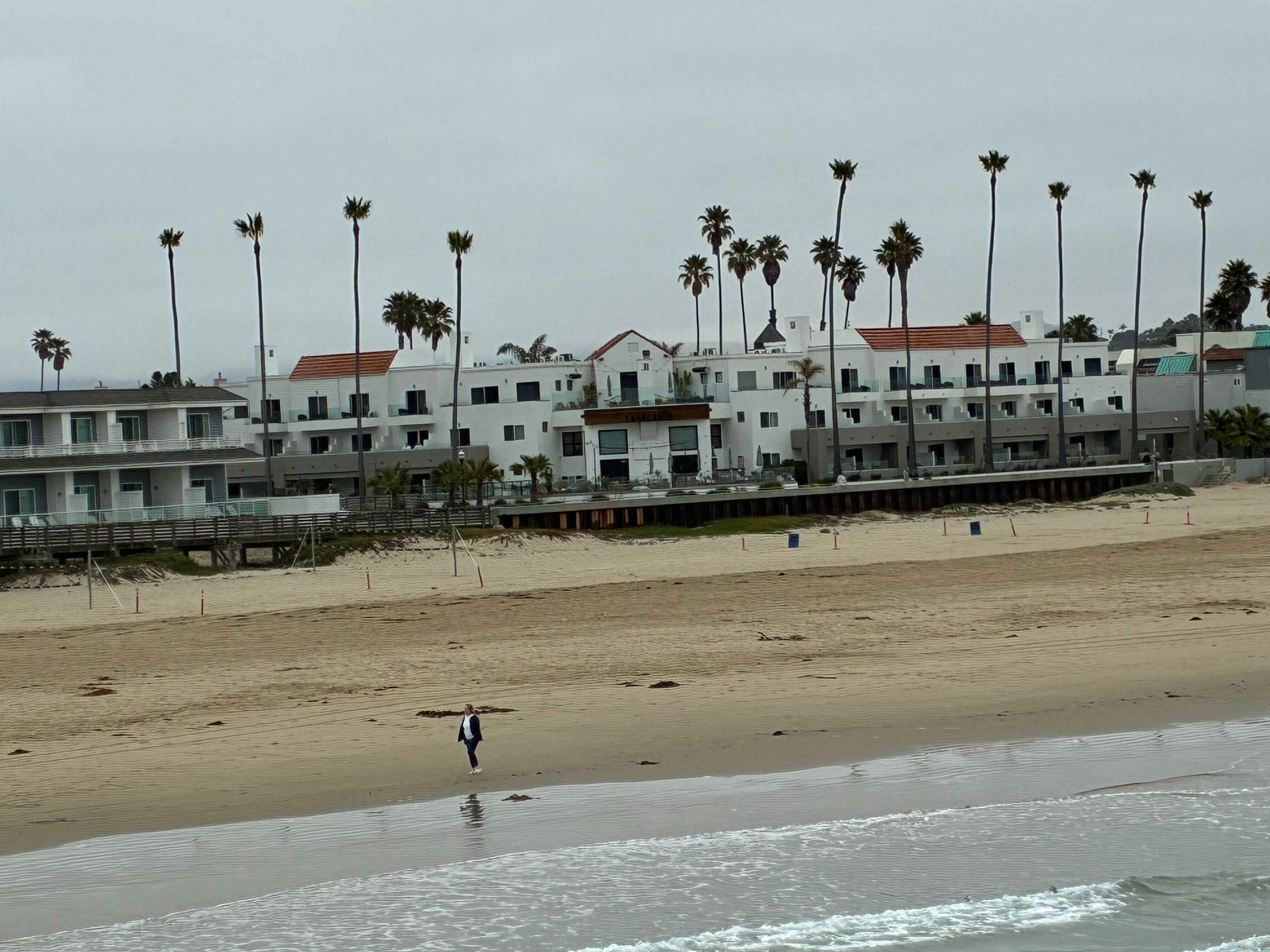 Looking at the hotel from the pier in the early am