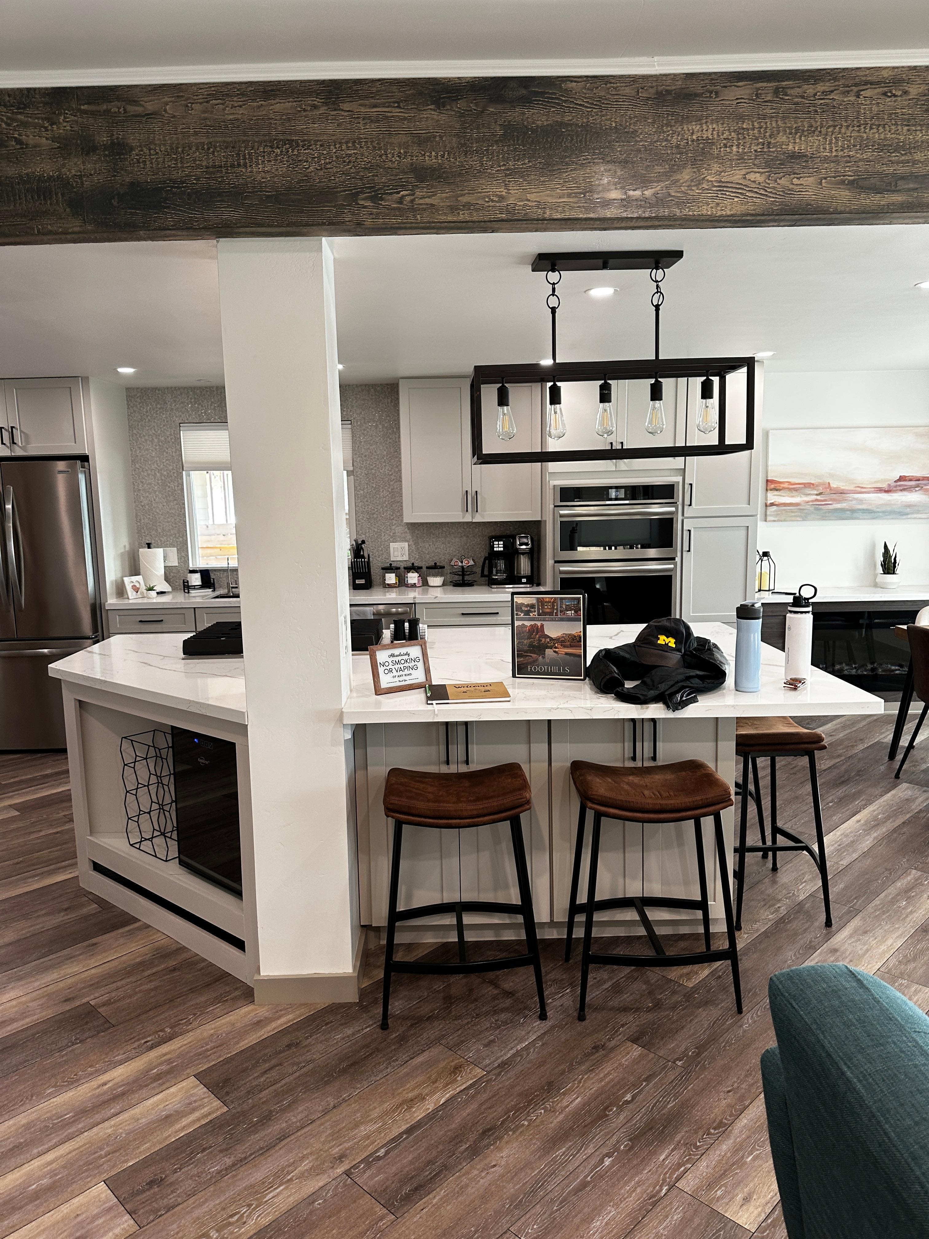 We loved the bar seating in addition to the main table! The kitchen was fully stocked, and with plenty of supplies.