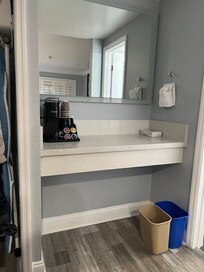 Separate vanity area outside of the bathroom area.