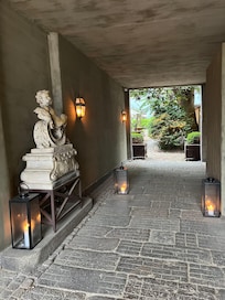 Walking through the entrance in the evening, but summer nights are still light.