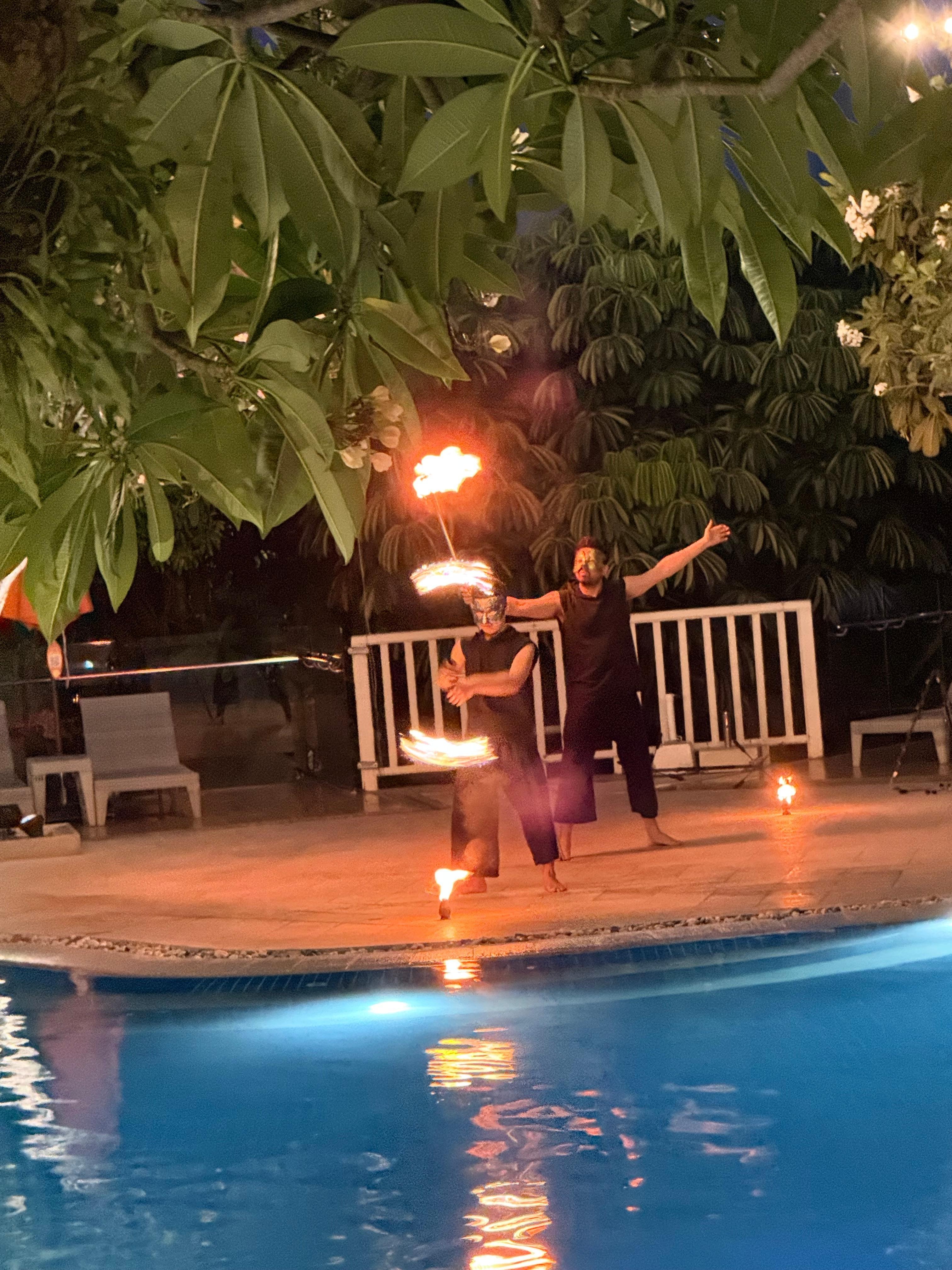 Fire dance and display near restaurant 
