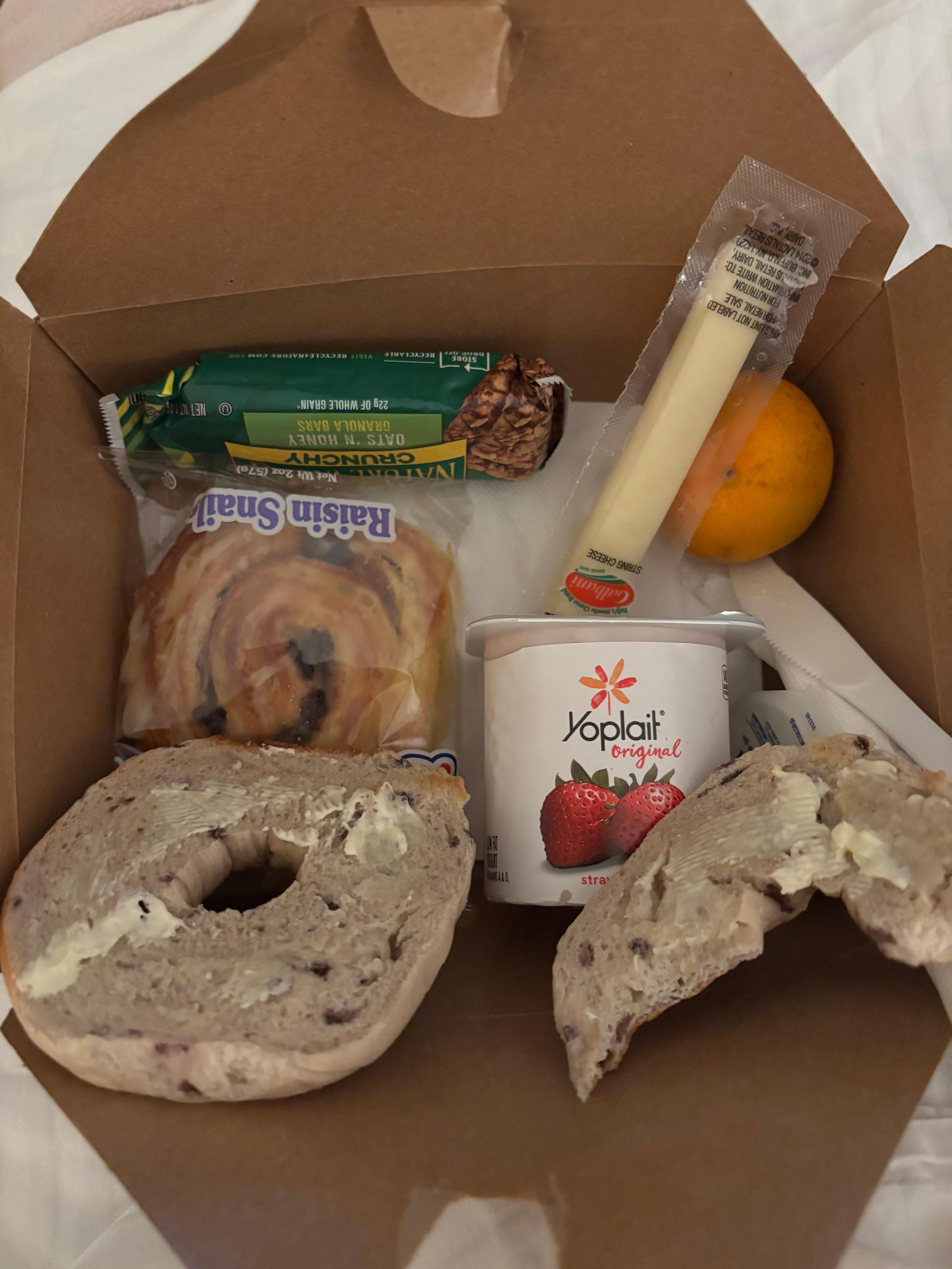 Breakfast box, bagel, yogurt, danish, oatmeal pack, fruit, etc. 