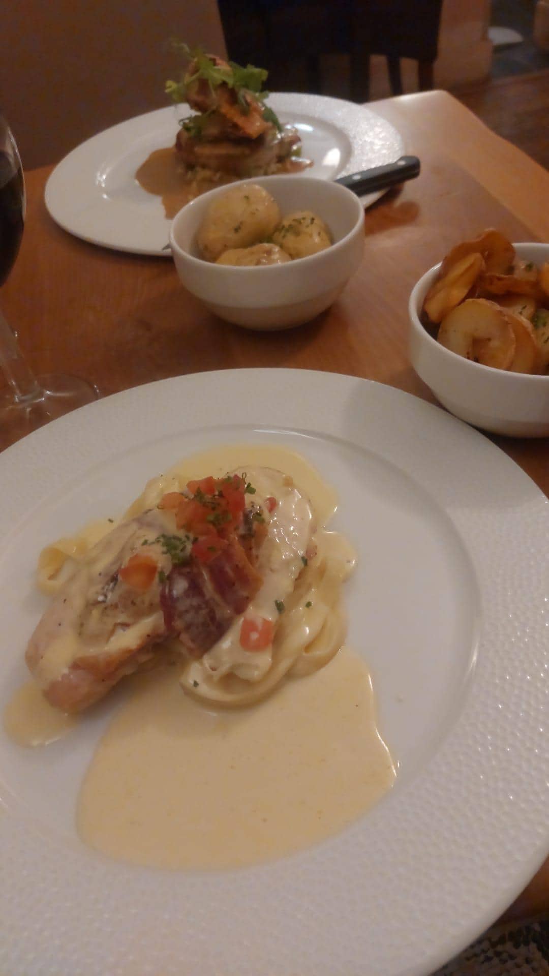 Restaurant 
Chicken breast in Stilton sauce wrapped in tagliatelle 