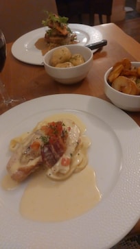 Restaurant 
Chicken breast in Stilton sauce wrapped in tagliatelle