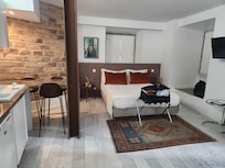 Bed and kitchenette area