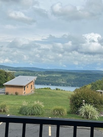 Looking down to the cabins from the restaurant’s porch. They are skewed from each other, so each cabin can view the lake!
