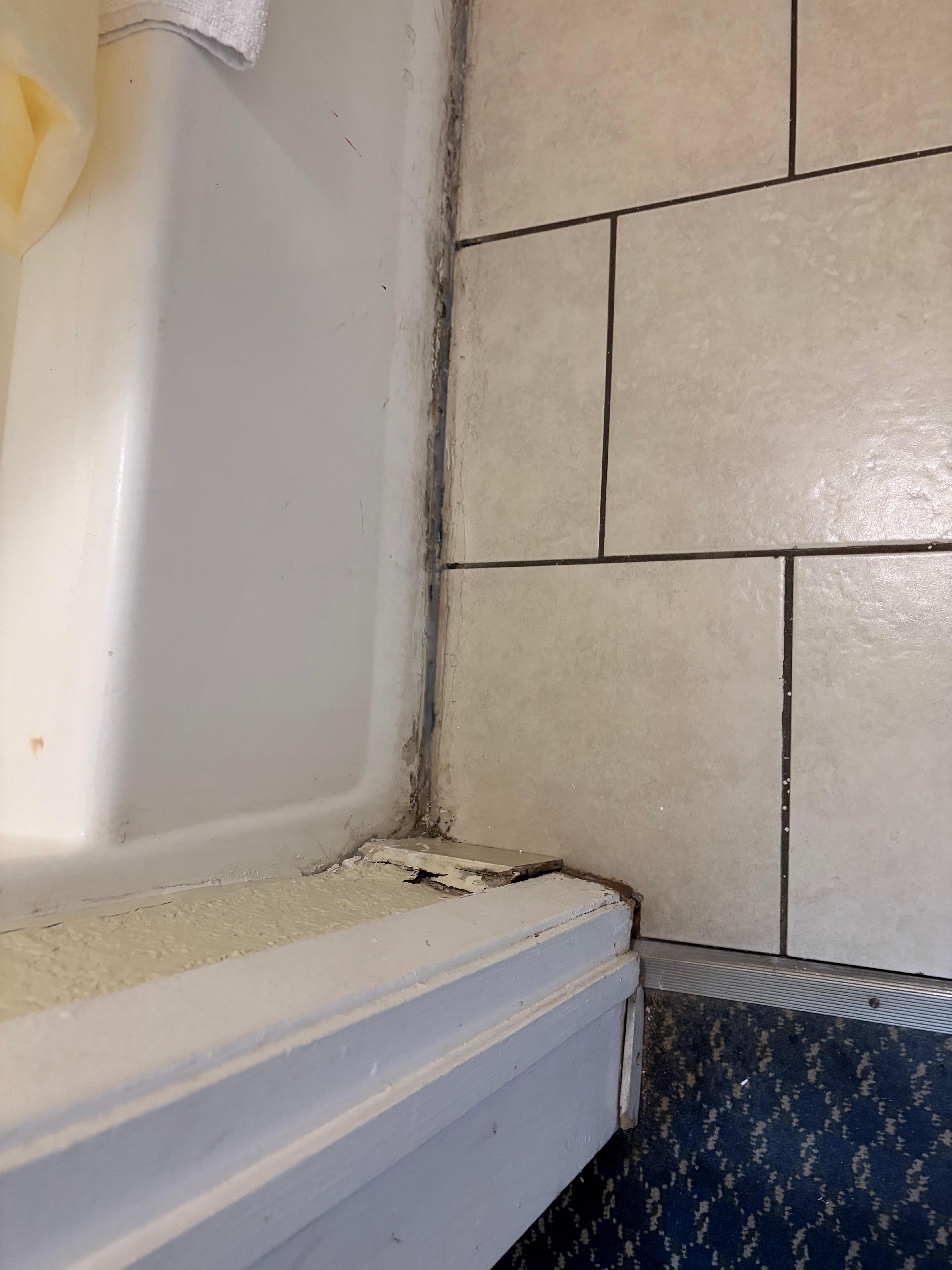 In even and loose tiles bold under silicone sealant. Rotted out wall paint chipping 