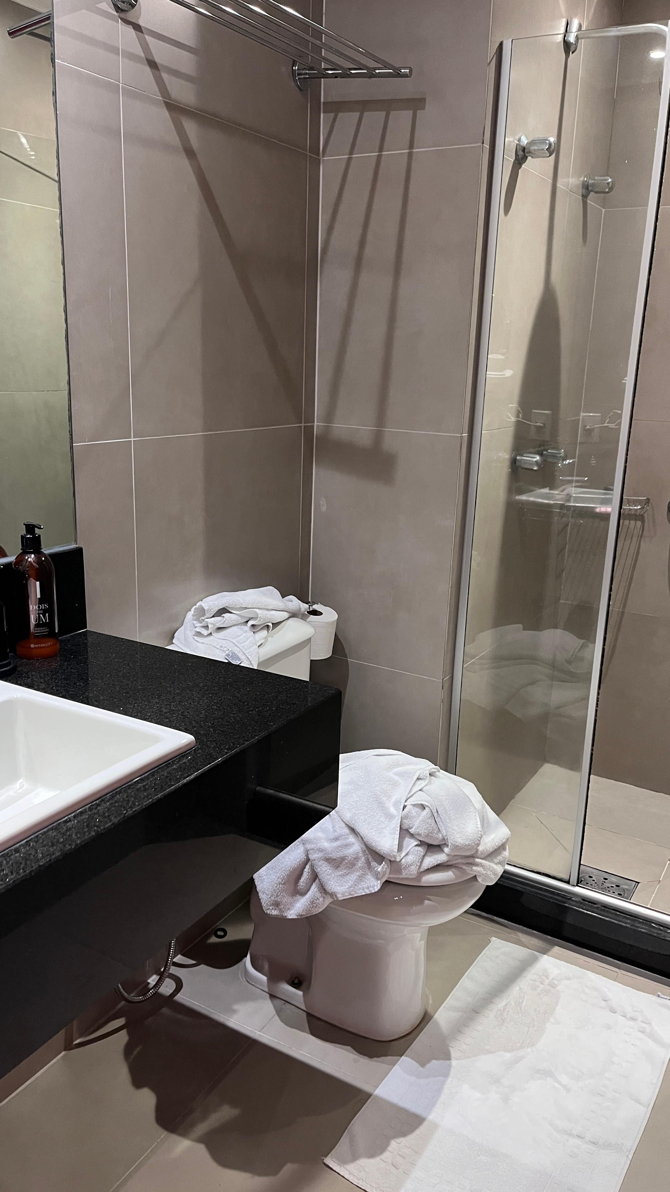 Sem limpeza no banheiro e falta de reposição dos itens de higiene. 