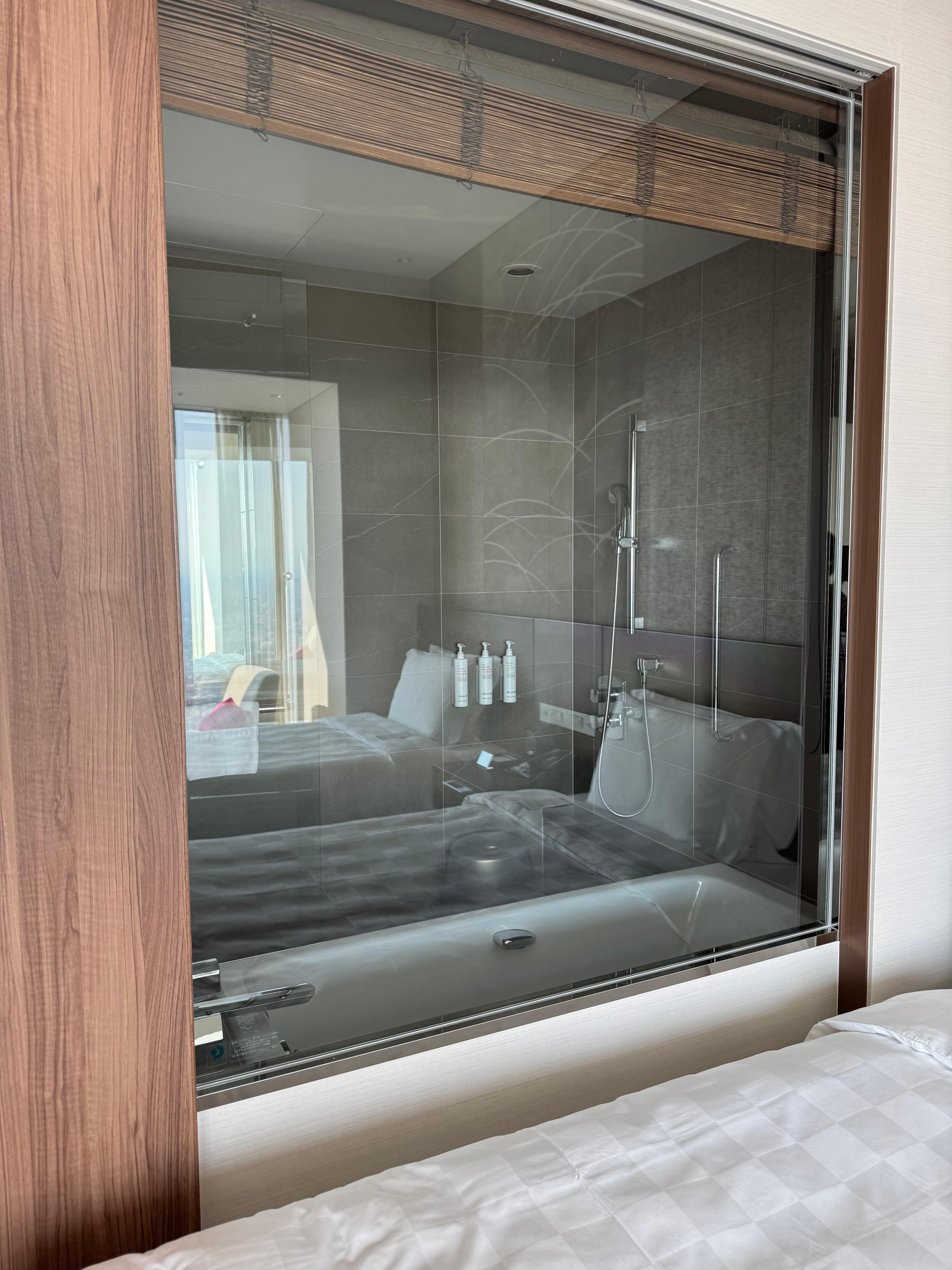 ガラス張りにウッドブラインド付きのバスルーム