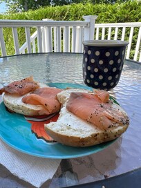Enjoying a yummy breakfast on the shaded deck