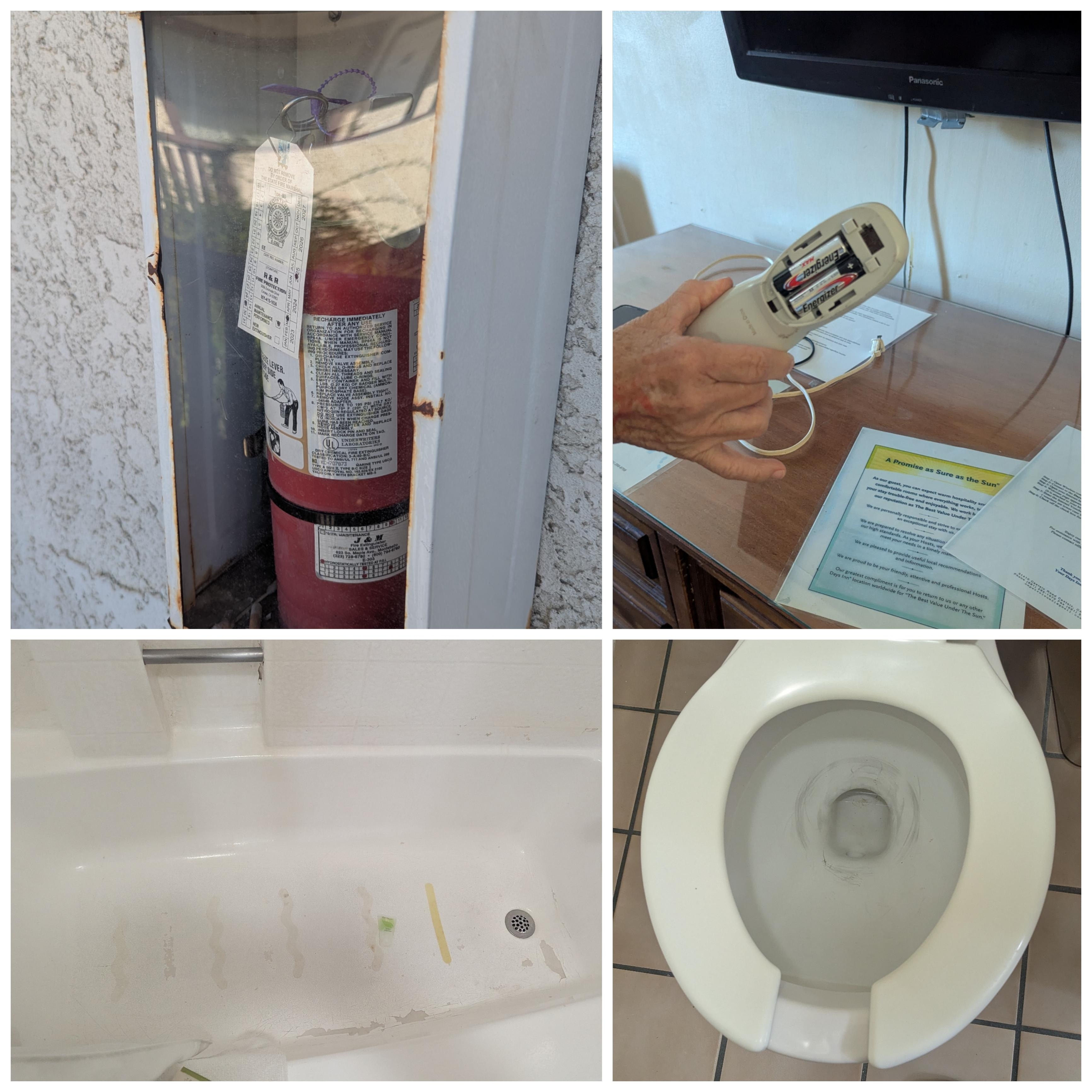 A collage of the condition of the shower floor, the toilet bowl, the TV remotes missing battery cover & fire ext. boxes condition