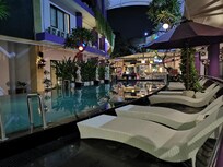 Pool area at night.