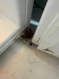 Fridge door open, so disgusting, dirty and broke drawers