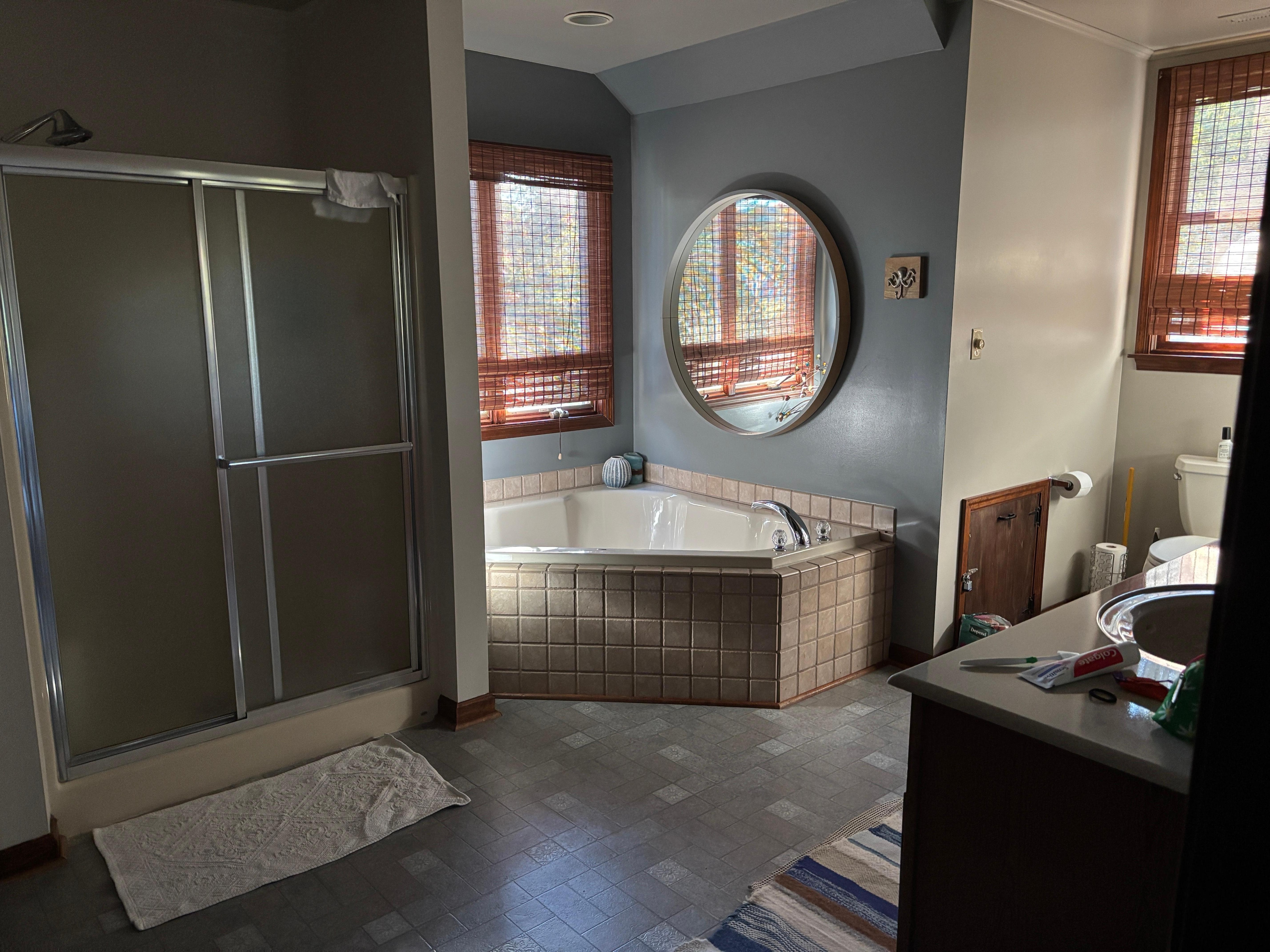 Primary bathroom with en-suite access. Shower door is short but gets the job done