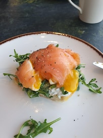 Freshly prepared Eggs Royale for breakfast.