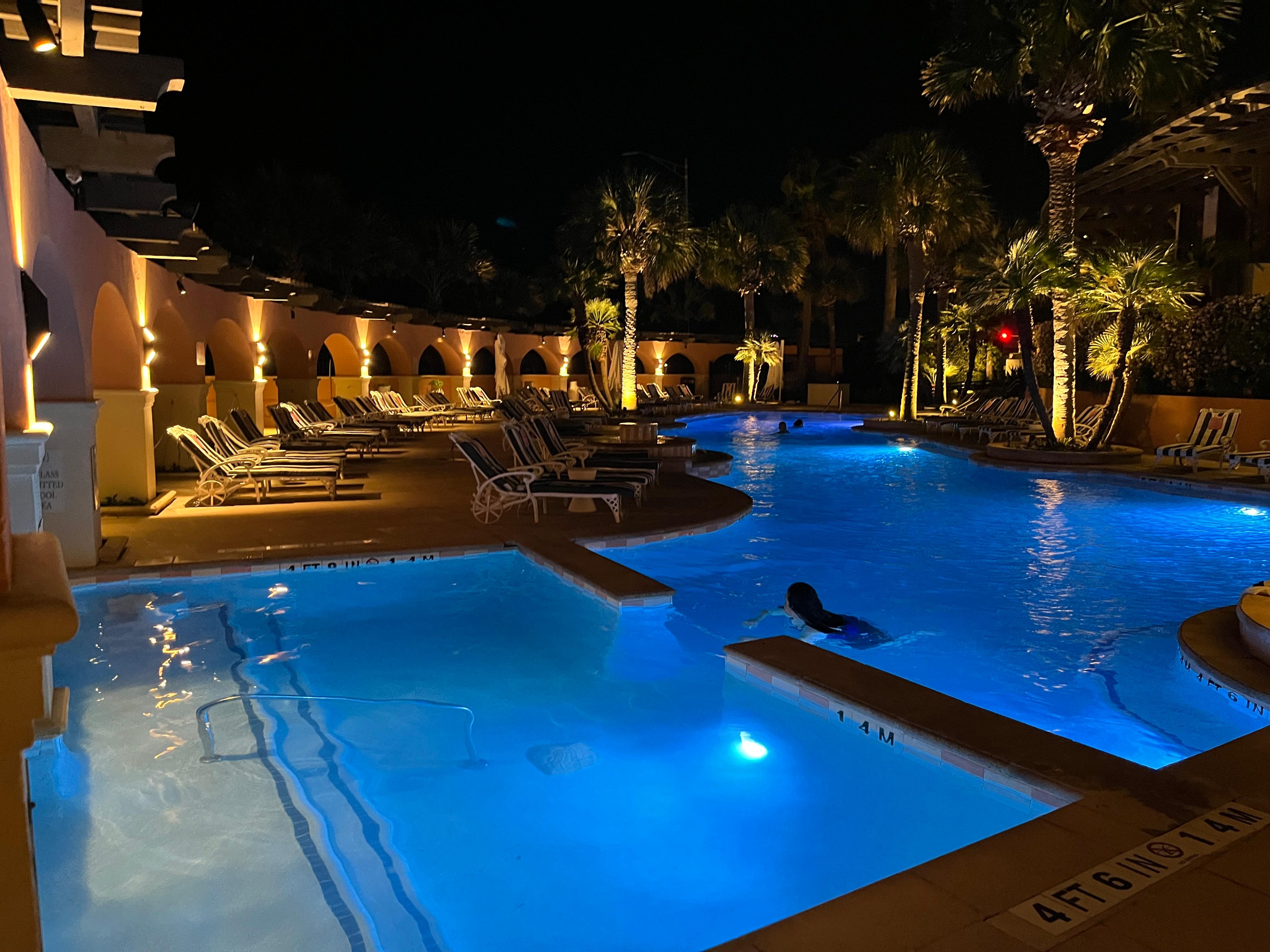Heated Saline pool at night