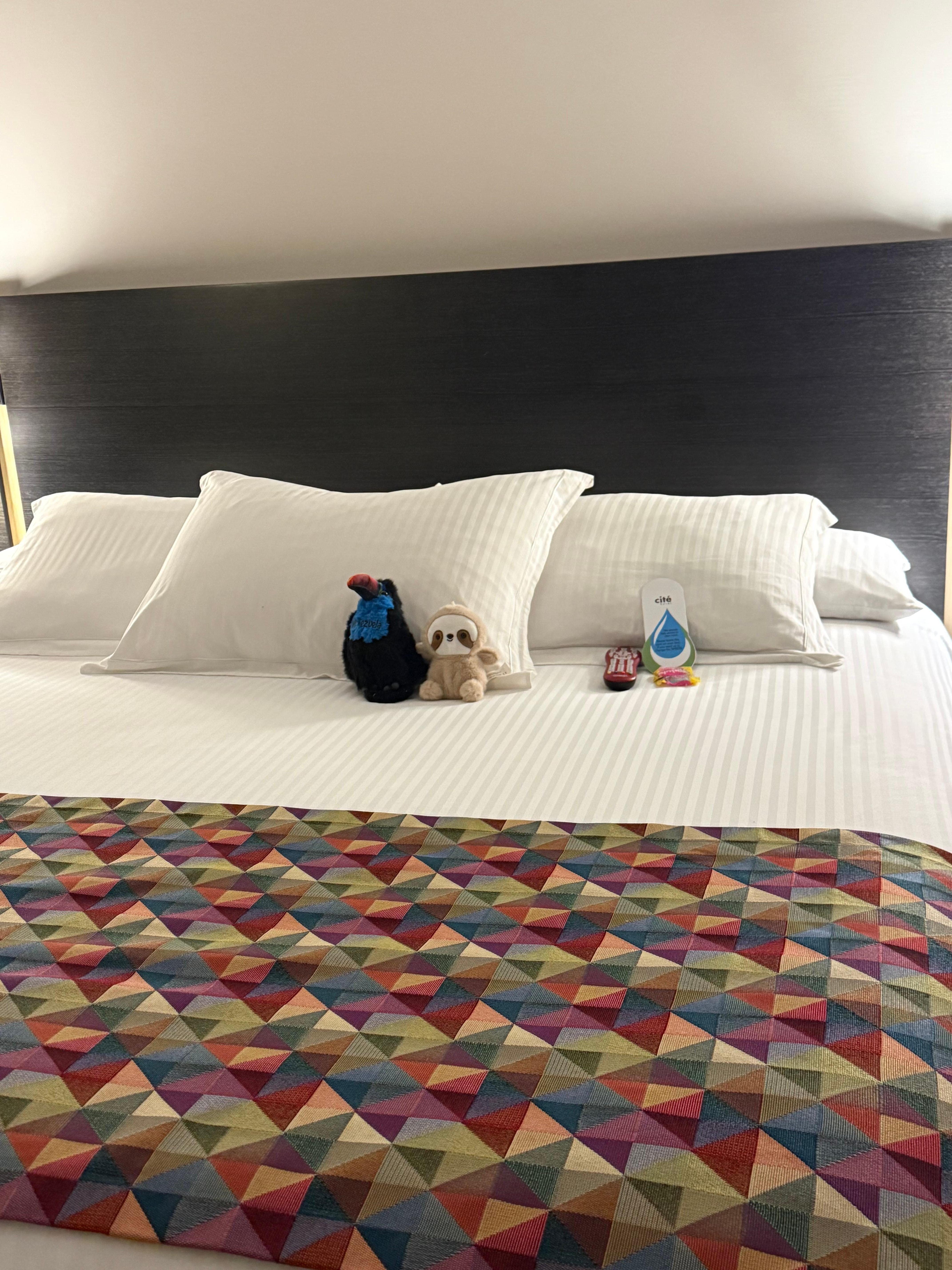They even made our bed all cute with some plushies we had on the table. 