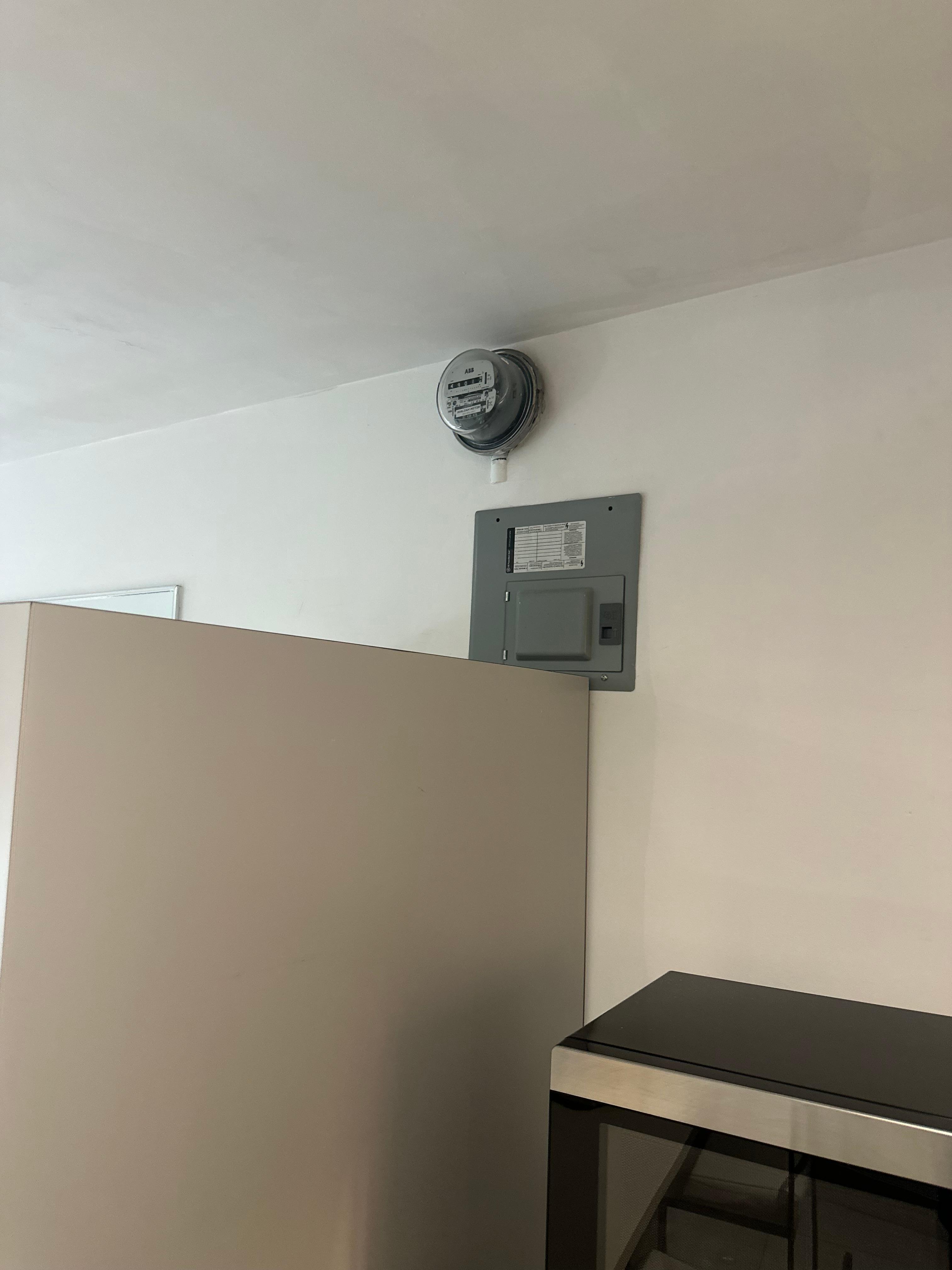 Exterior electric/gas meter and panel in interior of unit.