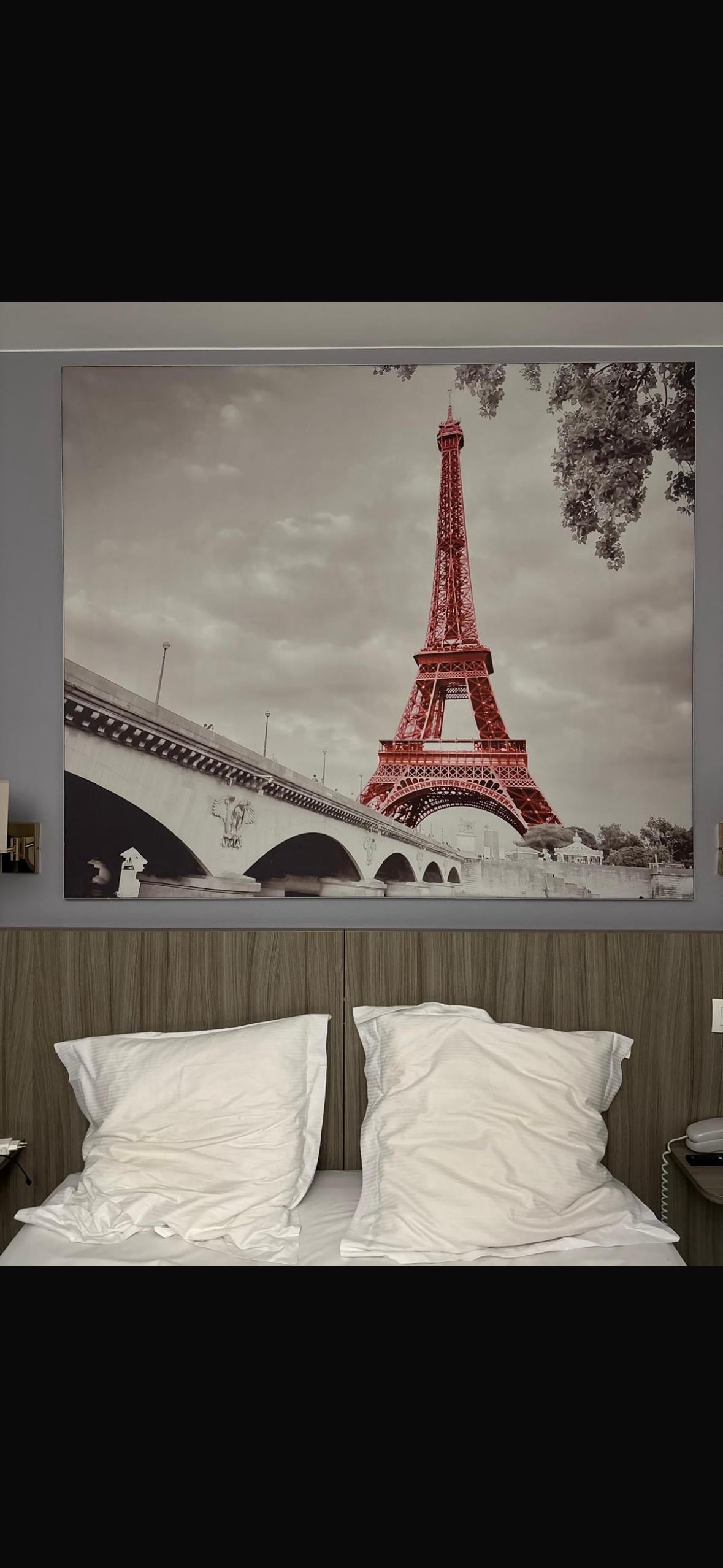 Déco de notre chambre n* 103 mais je pense qu’il existe dans l’angle de cet hôtel des chambres avec vue réelle sur la vraie Tour Eiffel (à demander lors de votre réservation) En tout cas situation cours Pasteur à 1 mn du métro et de 2 supers restos 