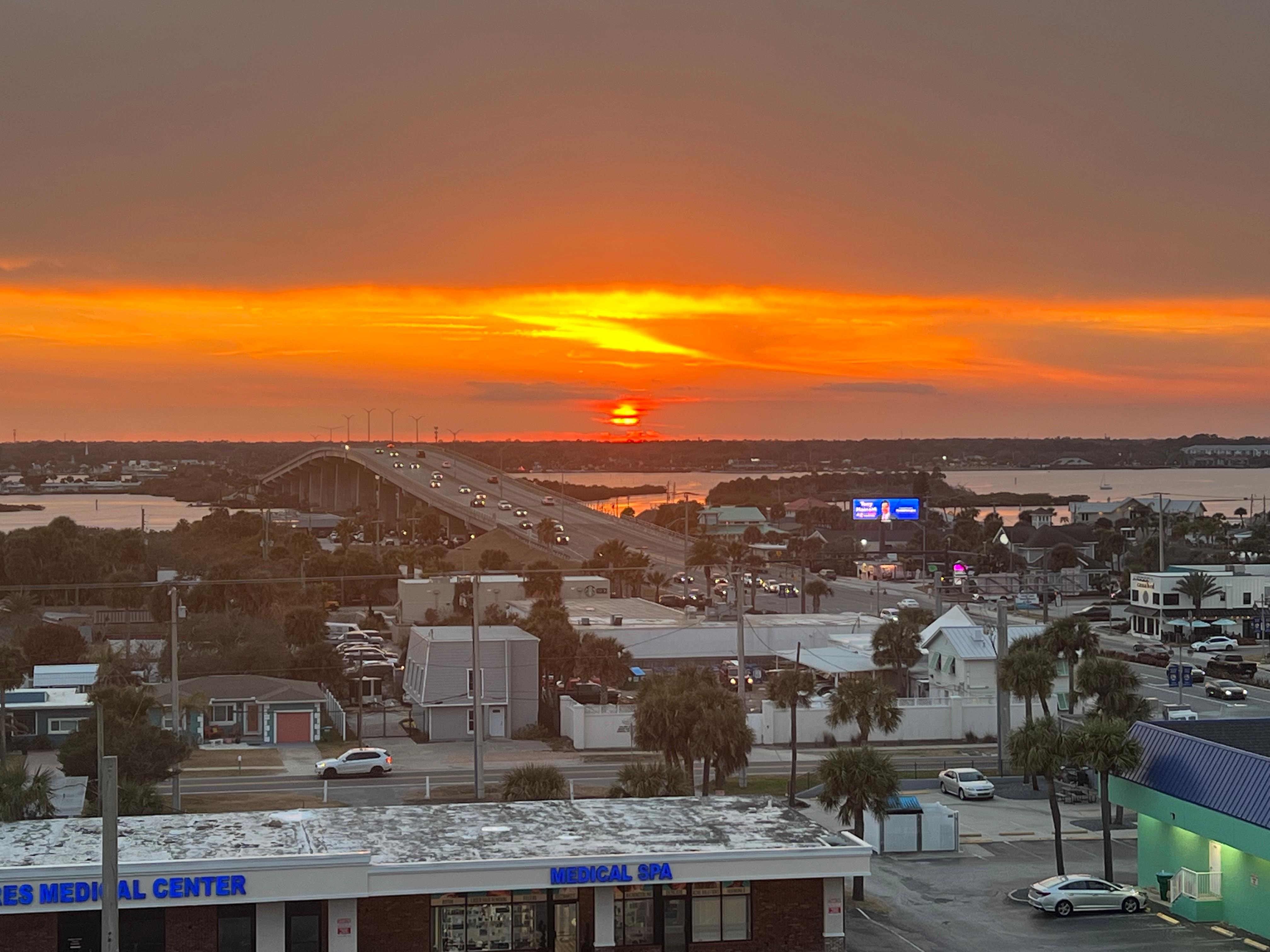 Sunset from front of building. 