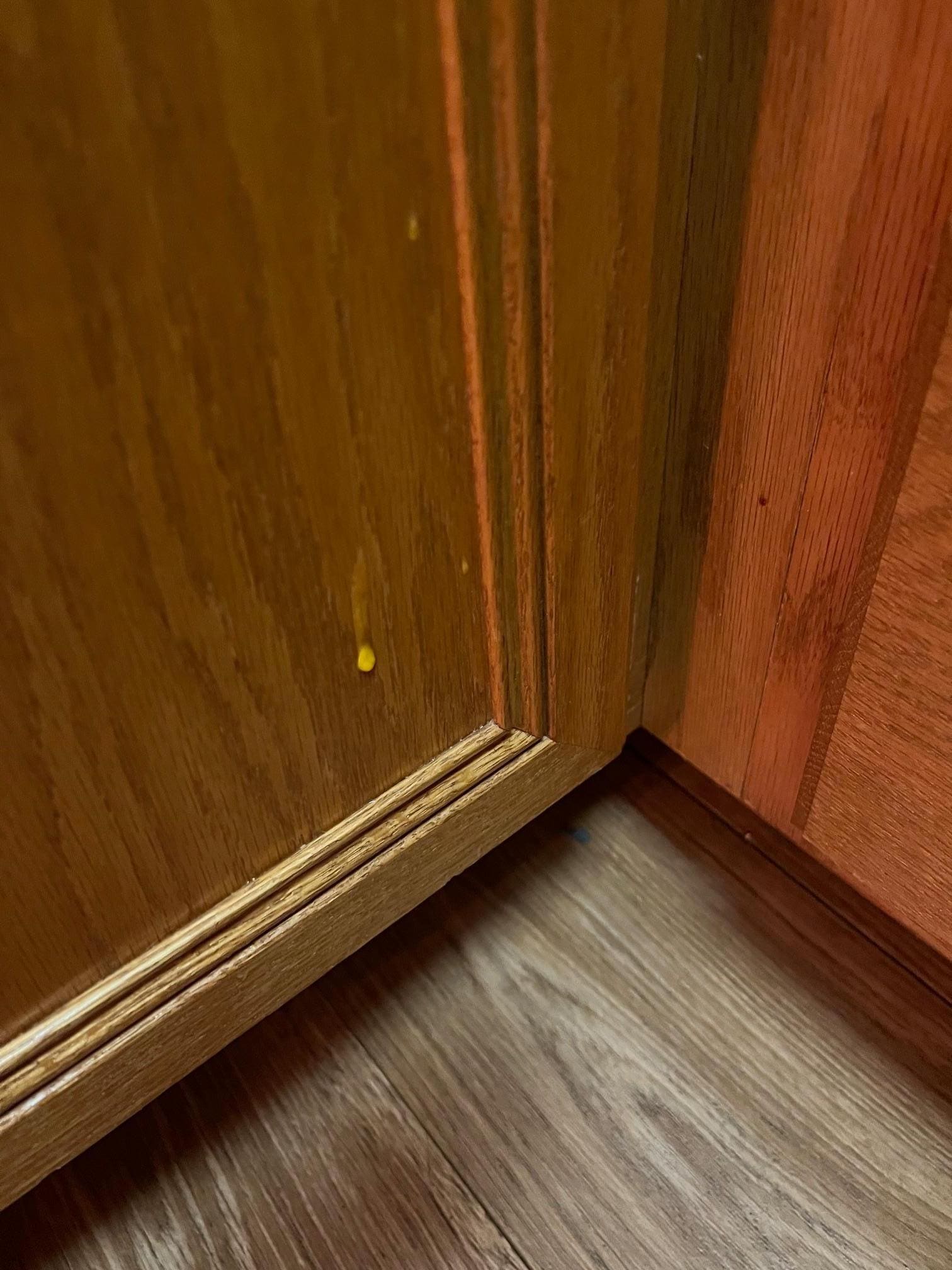 Obvious drops of egg on the front of kitchen cabinets from prior guests.