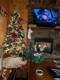 Beautiful tree next to the fireplace