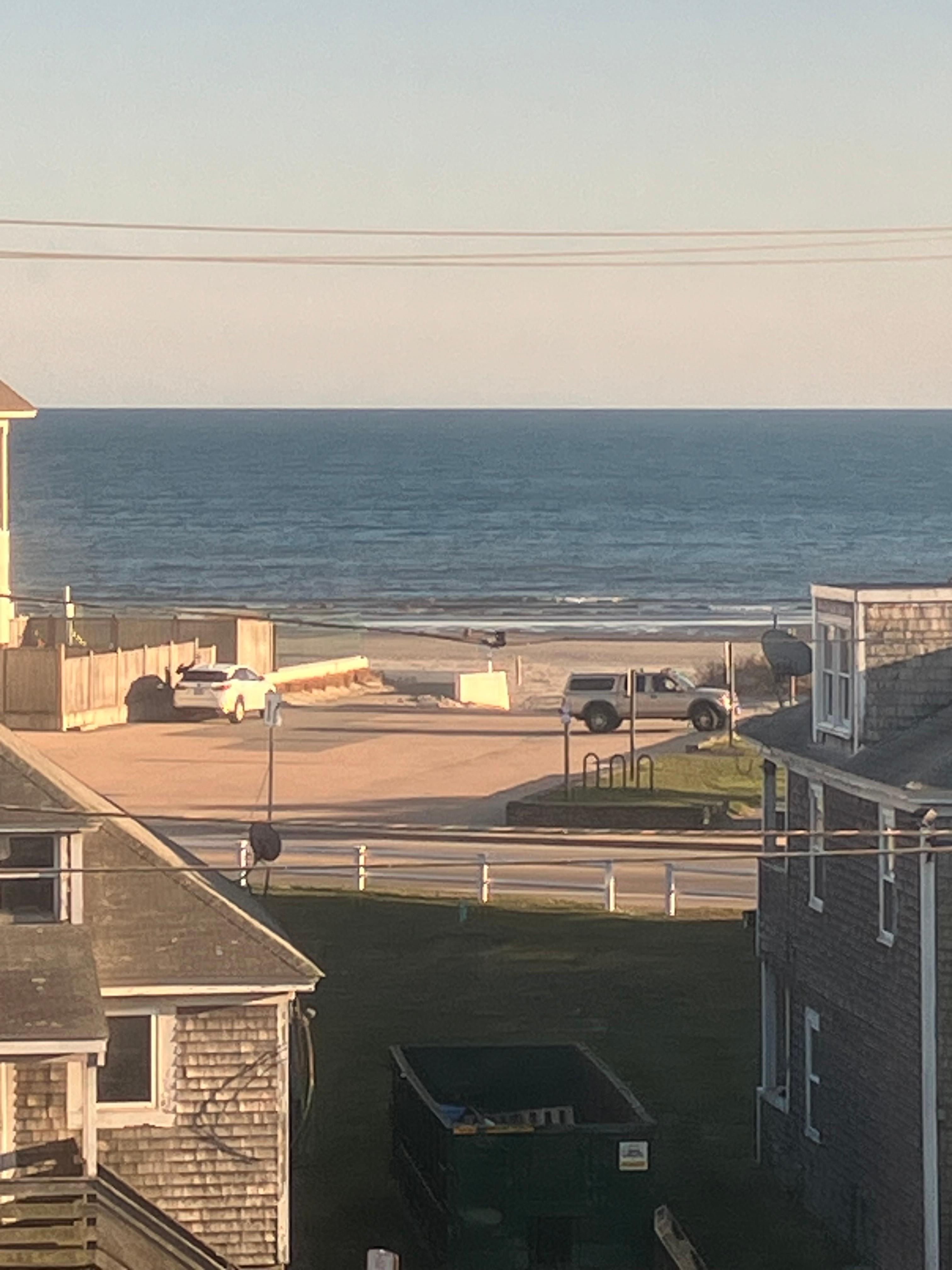 There is the ocean in morning. 