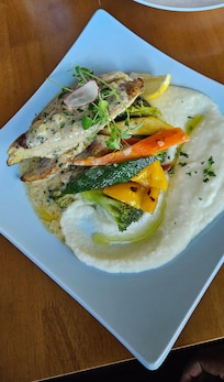 Snapper with fresh veggies and creamy mash potatoes. Delish!