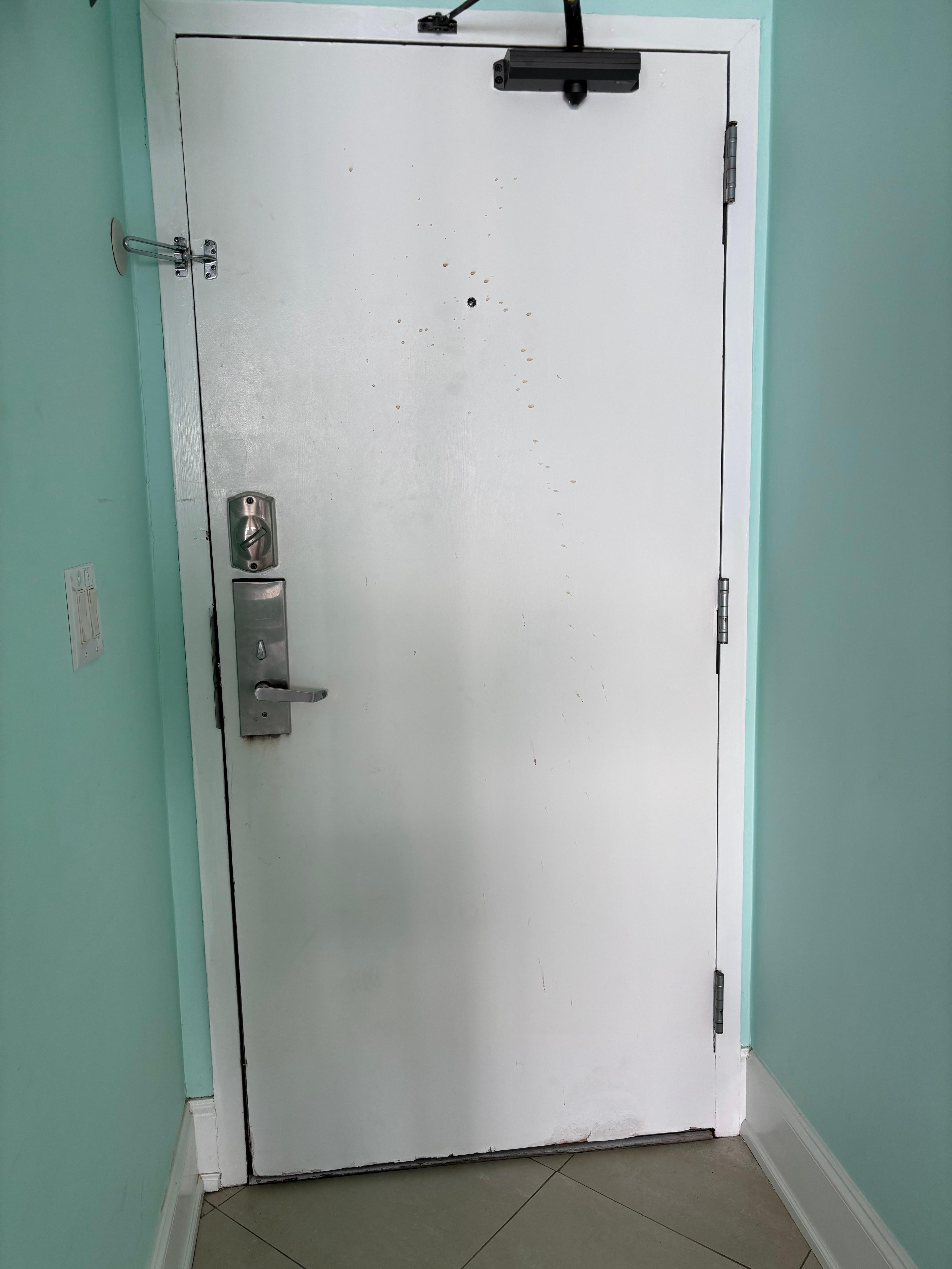 Door was filthy with something splash. And it barely locked. 