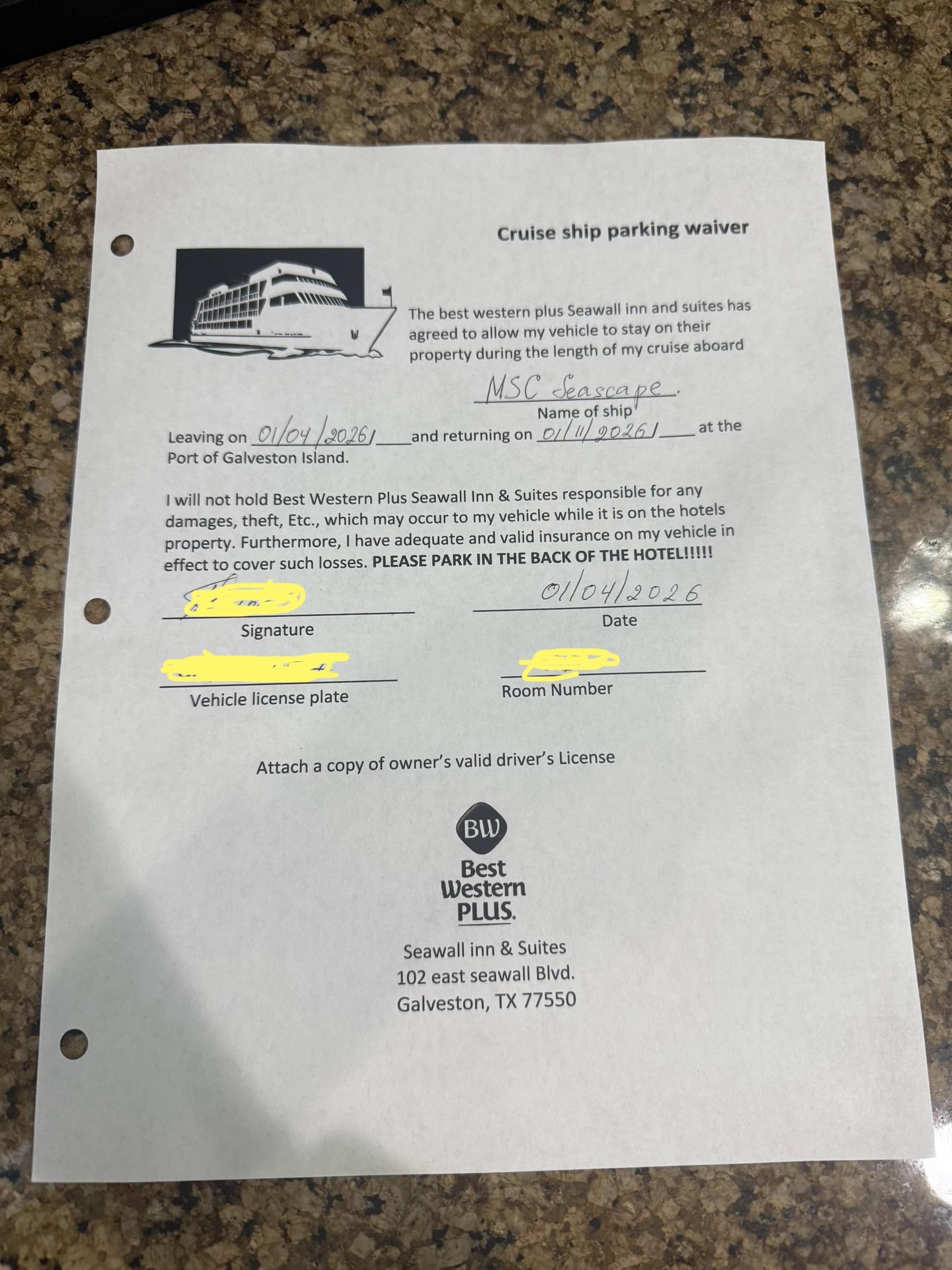 Proof that a receptionist gave us a document to fill out and told us to park anywhere.