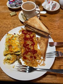 Denver omlet, from onsite restaurant. Added mushrooms. Was perfect. I’m very picky with my hashbrowns. I couldn’t have made them that good. Omlet was top tier.