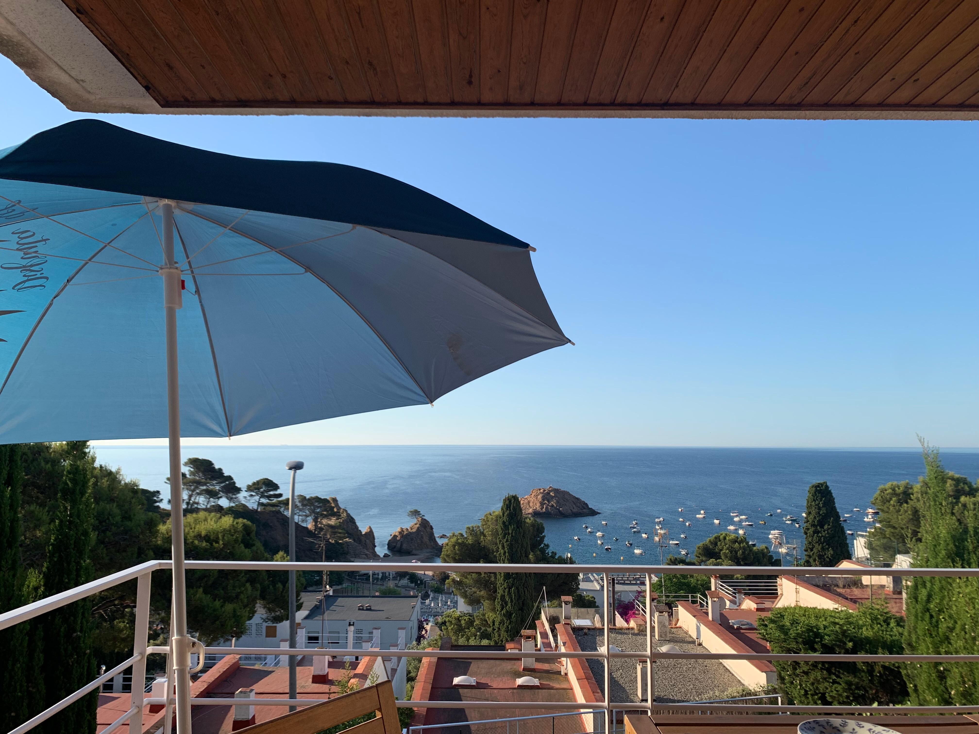 Blick von der Terrasse mit Behelfssonnen-Schirm (Strandschirm)