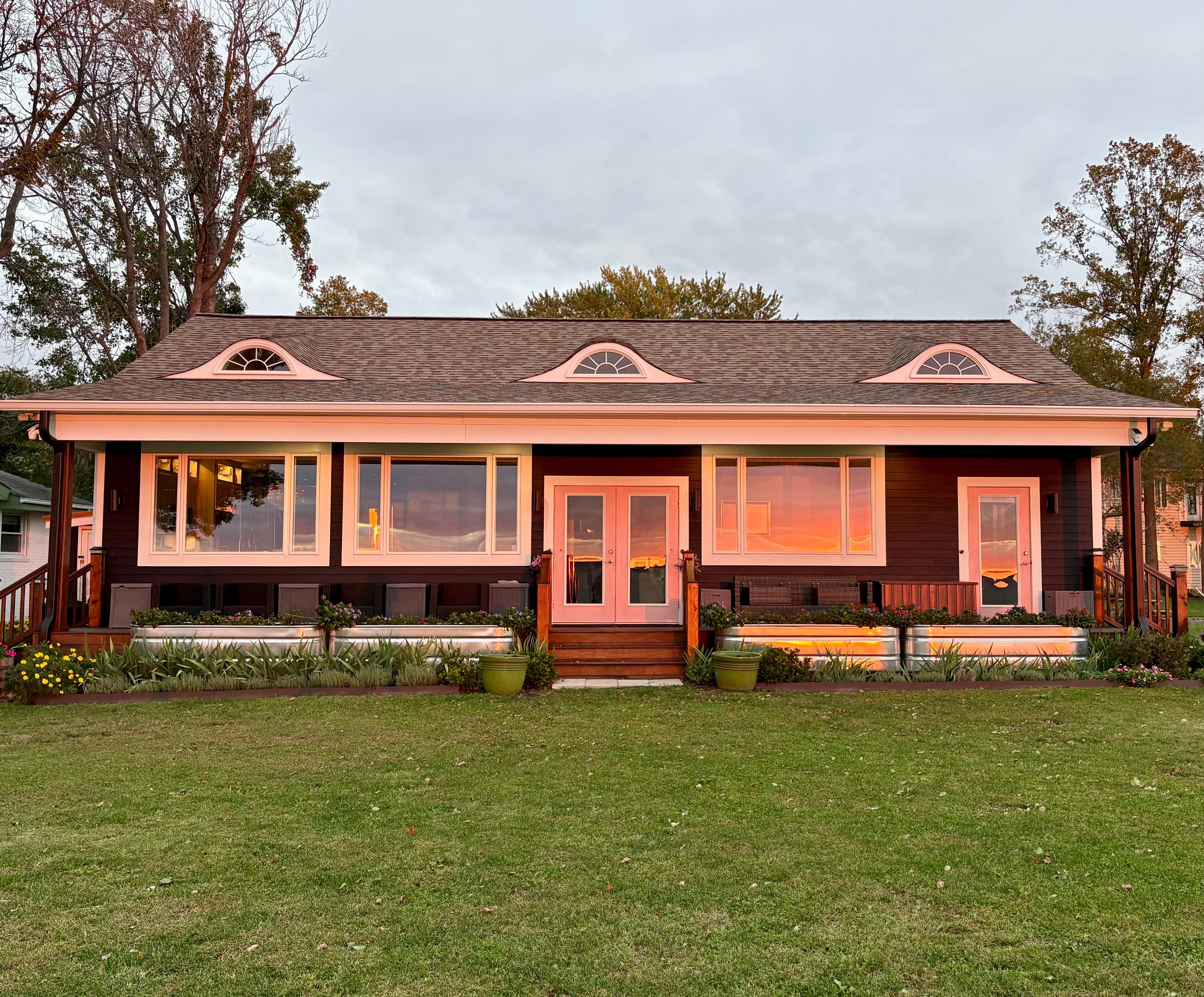 Setting sun reflection on home. 