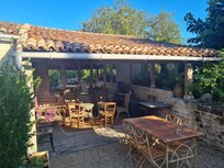Outdoor charcoal bbq area next to garden
