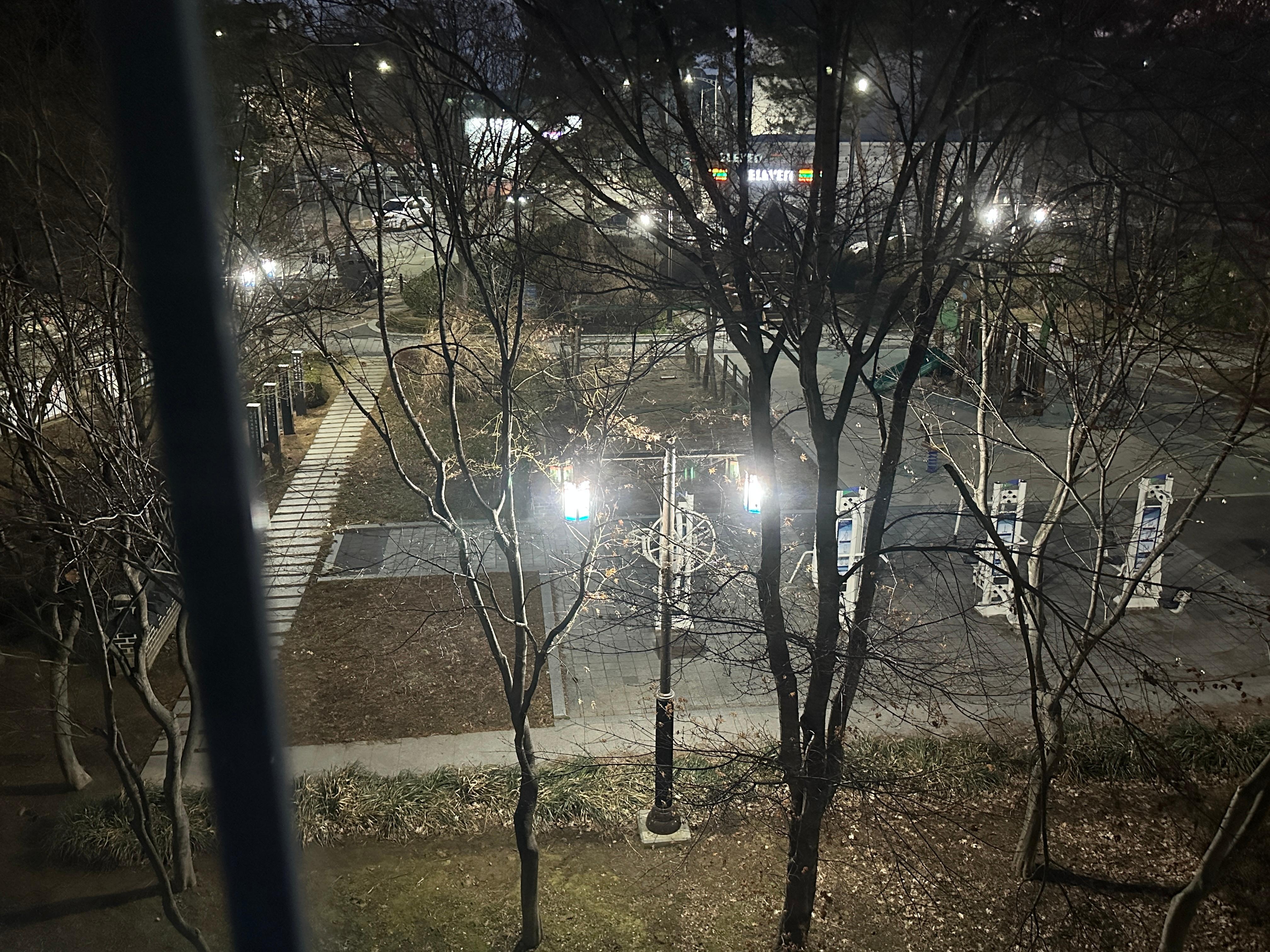 Master bedroom window overlooking the little park and 7-eleven 