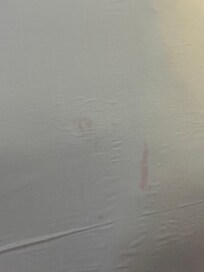 A close-up of a pillowcase showing visible lipstick or makeup stains, highlighting some housekeeping concerns.