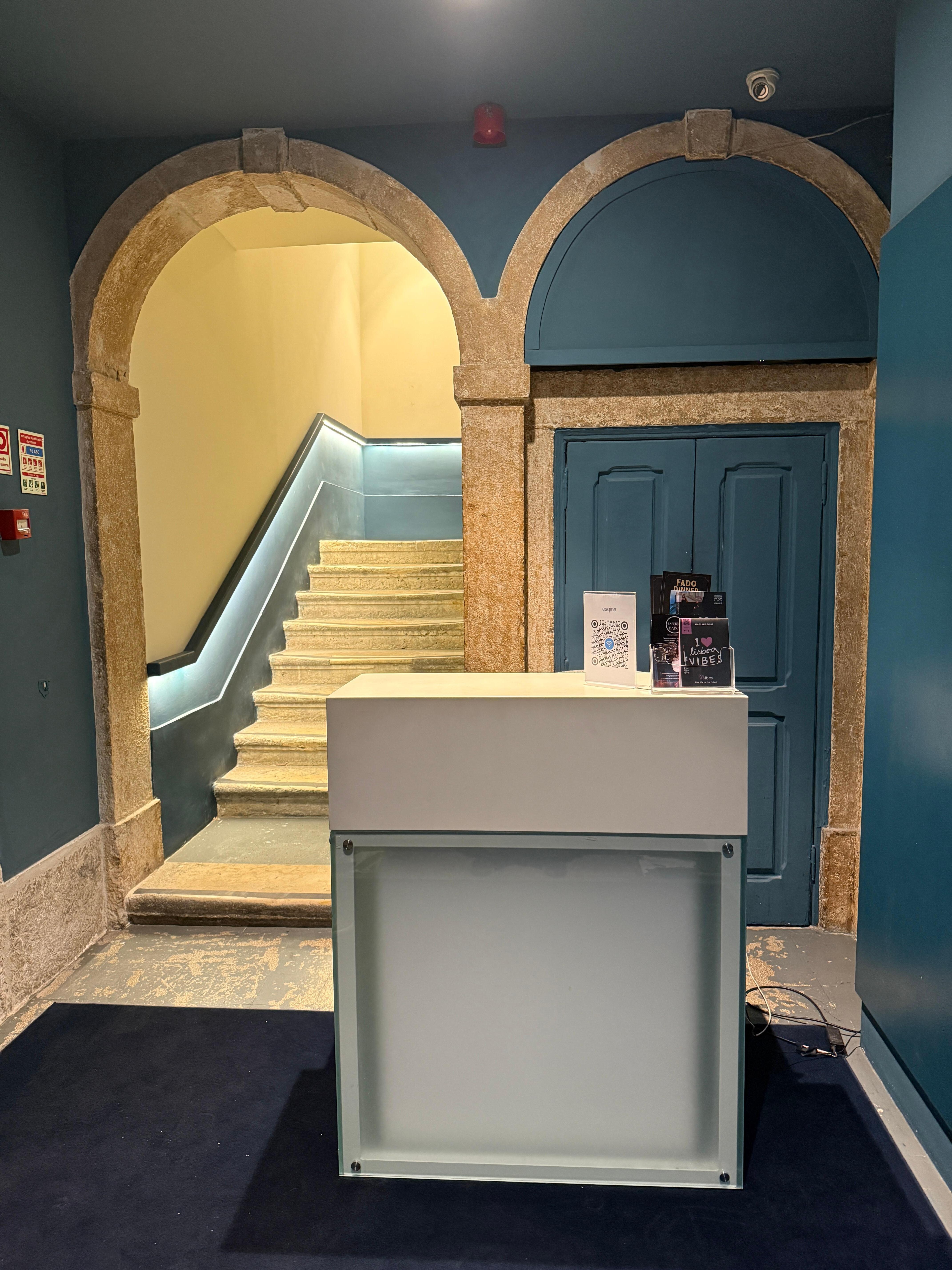 The check-in desk in the stairwell.