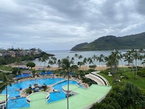 View from our balcony. The pool is the largest on the island and the beach is beautiful.
